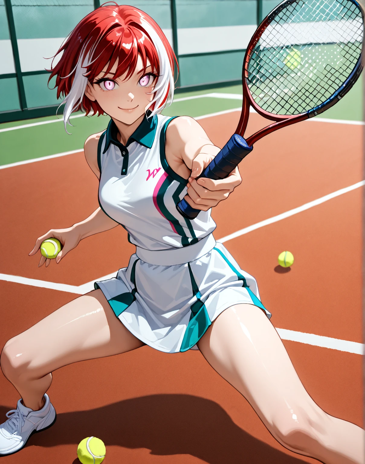 (((official art,Super thin illustration,High resolution, In 4K, 8K, High resolution, muste piece, best quality,best quality:1.3))), (little boy),12 years old, A young tennis idol with a cute face.,A boy who looks like the prince of tennis、 Standing ceremony, Cool handsome face with smile, White Tennis Shoes、 long legs, thighs, Foots, Bulge, (dark red hair、)、 short story,spiky hair、shiny hair, boy with sharp eyes, (Tight, shiny white training suit、), (shiny tight tennis shorts), (Tennis Socks), grassy area, cool pose, (太いthighs,big butt),(((park tennis field)))、((Saucy、grinning grin、))、,ultra fine painting, ,(((Being aware of the sexual gaze of middle-aged gay men)))、Service Shots、(((Long leather gloves))),(((Anime-like coloring、Clearly emphasize the white part of the eyes、Super detailed eye expression))),