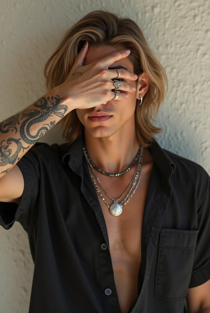 Create a photorealistic image of a boy, handsome and slim, 35 years old,with light blonde hair, ( very short hair) . The boy has a serious but attractive expression, with honey-colored eyes that capture the light. He wears a thick silver chain hanging from his neck.. The boy is wearing a black t-shirt, has visible hands, posed naturally in front of him or to the sides, with a relaxed posture. The background should be simple and neutral, allowing the main focus to be on the boy's face, Her hands, and their facial details. short hair (delgado) whole body