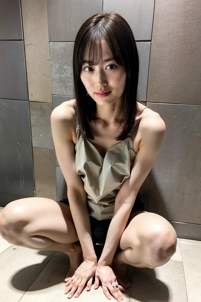 Masterpiece), (Best Quality) 1girl, petite, tomboy, short black hair, pale, perfect skin, dark eyeshadows, casual loose fiting clothes, looks a bit shy, decent smile, sfw, alladin pants, arm warmers, wide range, wide angle