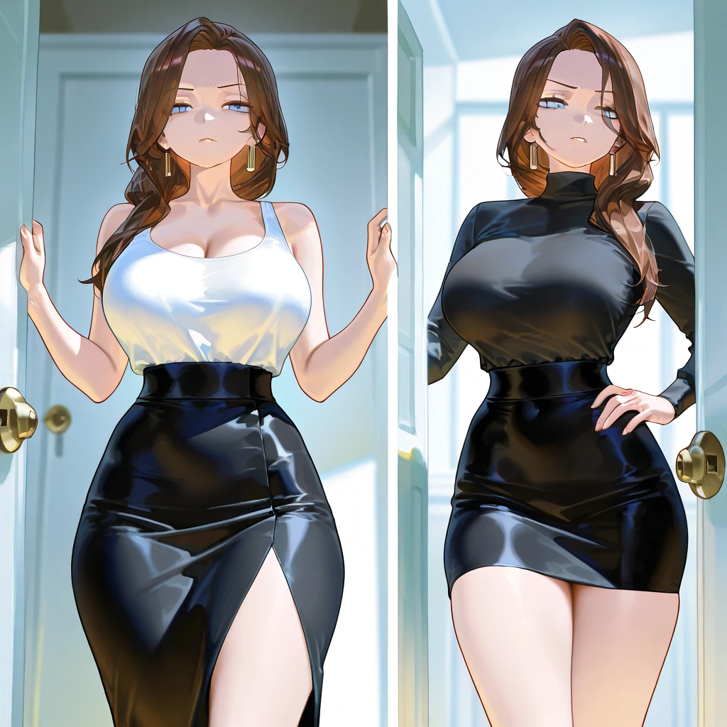 best quality, (masterpiece),(ultra-detailed), (high quality), (high resolution), ((2heads:1.5)), best quality:1.5, highres, UHD, 16K), two headed woman, smiling, highres, masterpiece, ((brown hair)),cleavage, ((silver gray dress:1.5)), lustrous and smooth skin, huge breasts, (mature woman), seductive silhouette, ((slim hips)), casual dress, sexy proportions, Beautiful girl with accentuated slender abs, long legs, seductive woman, party background, necklace, body con dress, strapless, sleeveless, red eyes, green eyes, long hair