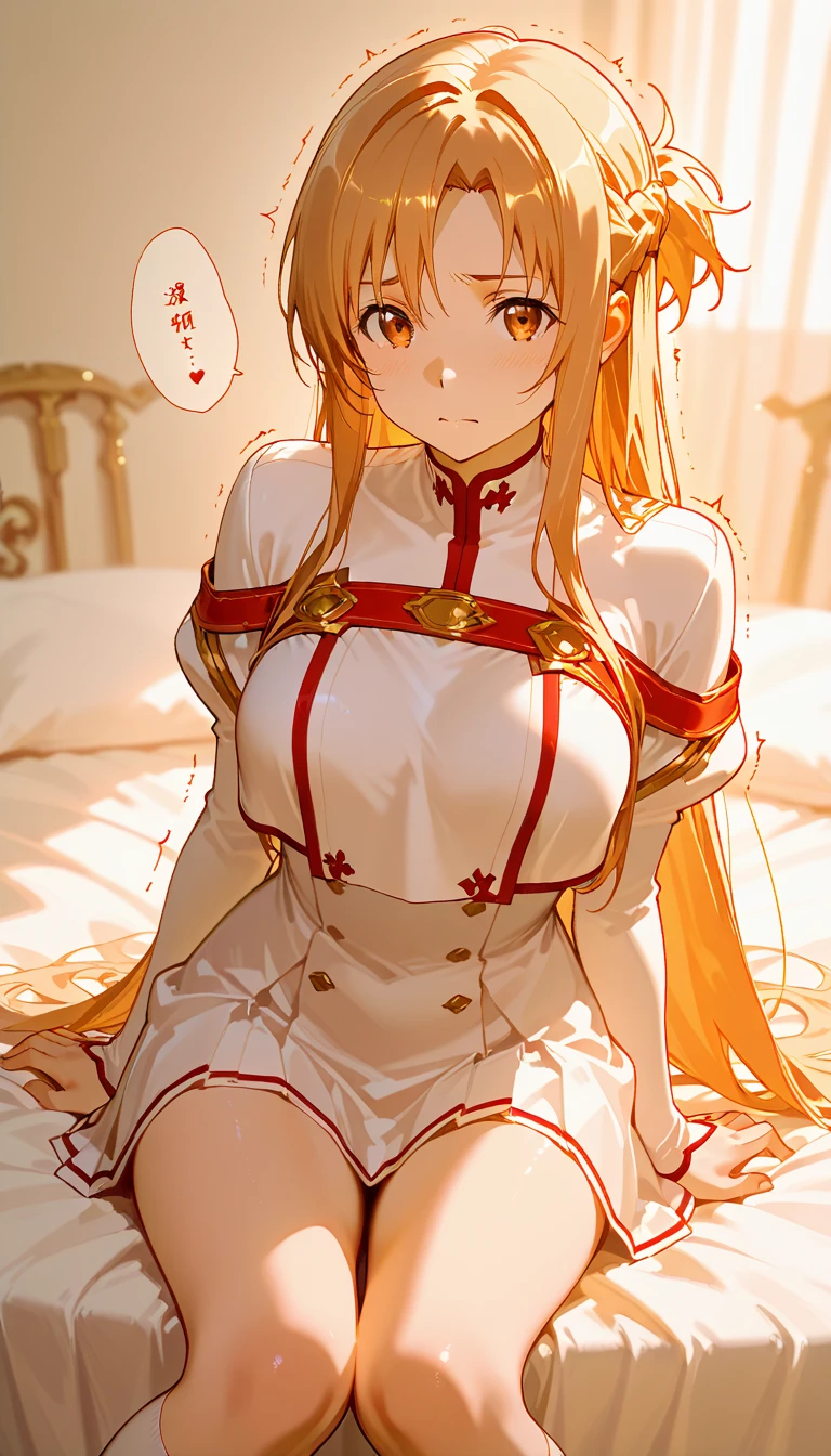 Score_9, score_8_up, score_7_up, score_6_up, scre_5_up, source_anime, BREAK, AS, 1girl, Asuna (SAO - AIO),brown eyes, brown hair, long hair,large breasts, closed mouth, red accents, white thighhighs, cleavage, smile, white gloves, sitting, wariza, looking at viewer, white dress, bare shoulders, brown hair, armor, blush, brown eyes, breastplate, petals, detached sleeves, hand between legs, white sleeves, braid,
