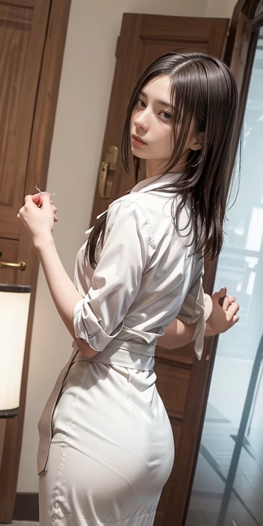 Tied up woman、(((Put your hands behind your back、Cross your wrists)))、(wrists tied with rope)、beauty、Well-formed face、Shiny long black hair、Even out the eyes、Inside the hotel room、From behind、Please show me your whole body、White short sleeve shirt、Navy Semi-Long Skirt、Panty lines、Wear pumps、Standing in front of the window、Age 25、Medium、Like a real photo、Highest quality, Light brown hair, Straight hair, Shiny Hair, Part your lips, Captivating smile, Surrealism, Hyperrealism, Verism, Cinema Lighting, tachi-e, First Person View, From behind, Nikon, 超High resolution, Anatomically correct, Highest quality, High resolution, 8K