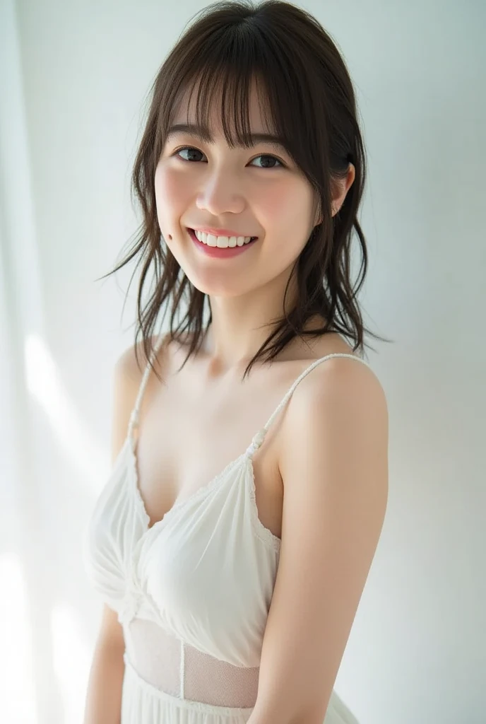(8k), (highest quality: 1.2), (Realistic), (Realistic: 1.37), Ultra-high resolution, 1 girl, Head to knee photo、cute, smile, Mouth closed, Beautiful details, Beautiful Nose, whole body, Wet Hair, Large Breasts、Saggy breasts、Soft Breasts、Overflowing breasts、Voluptuous thighs、Odd Eye、Heterochromia iridis