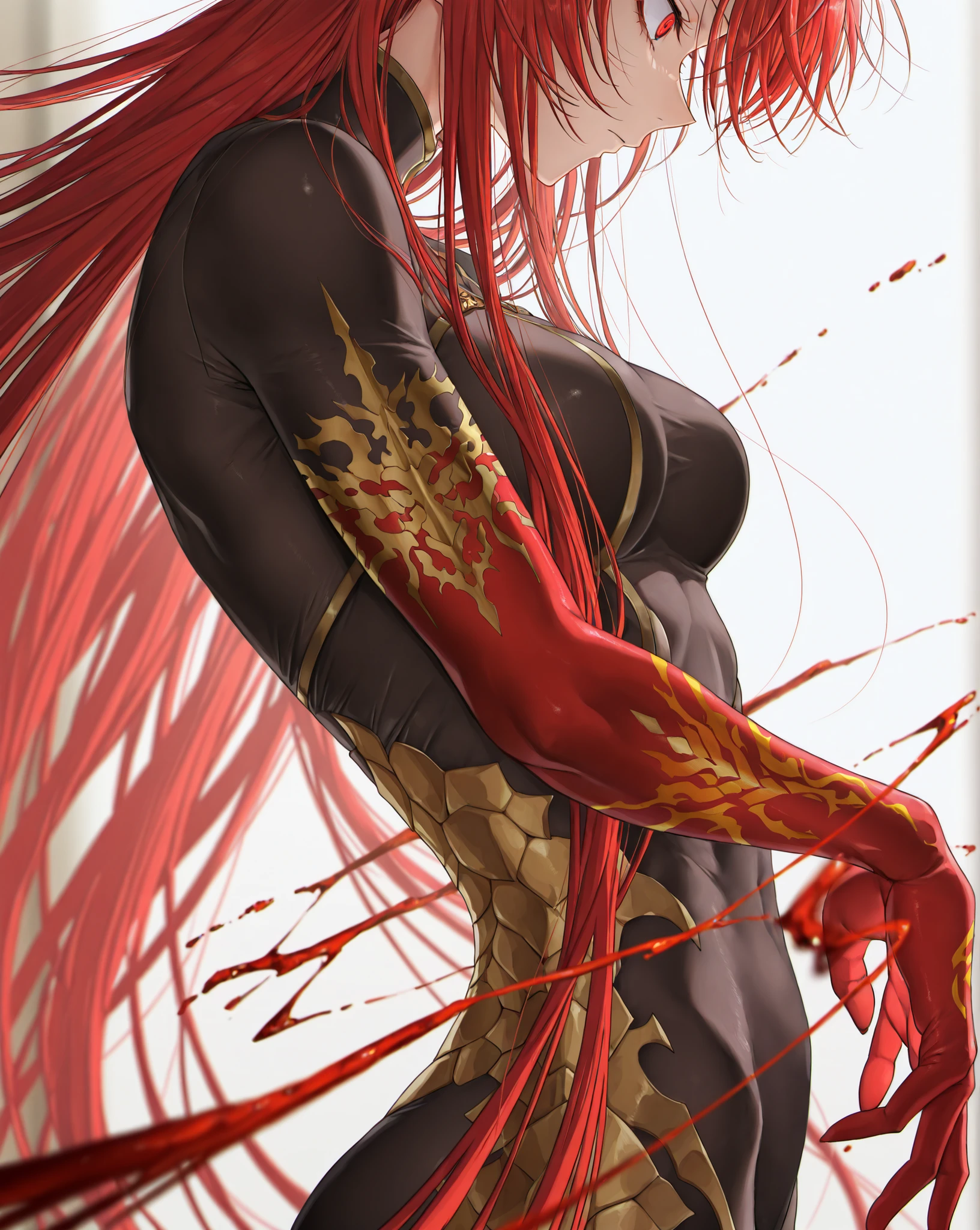 dynamic pose, masterpiece, best quality, amazing quality, very aesthetic, high resolution, ultra-detailed, absurdres, (hands:-0.33),
1girl, solo, (quarter shot, closeup shot:1.19), half body shot, side shot, profile, scarred, red eye, dragon blood, draconid, very long hair, fum4
BREAK, depth of field, volumetric lighting