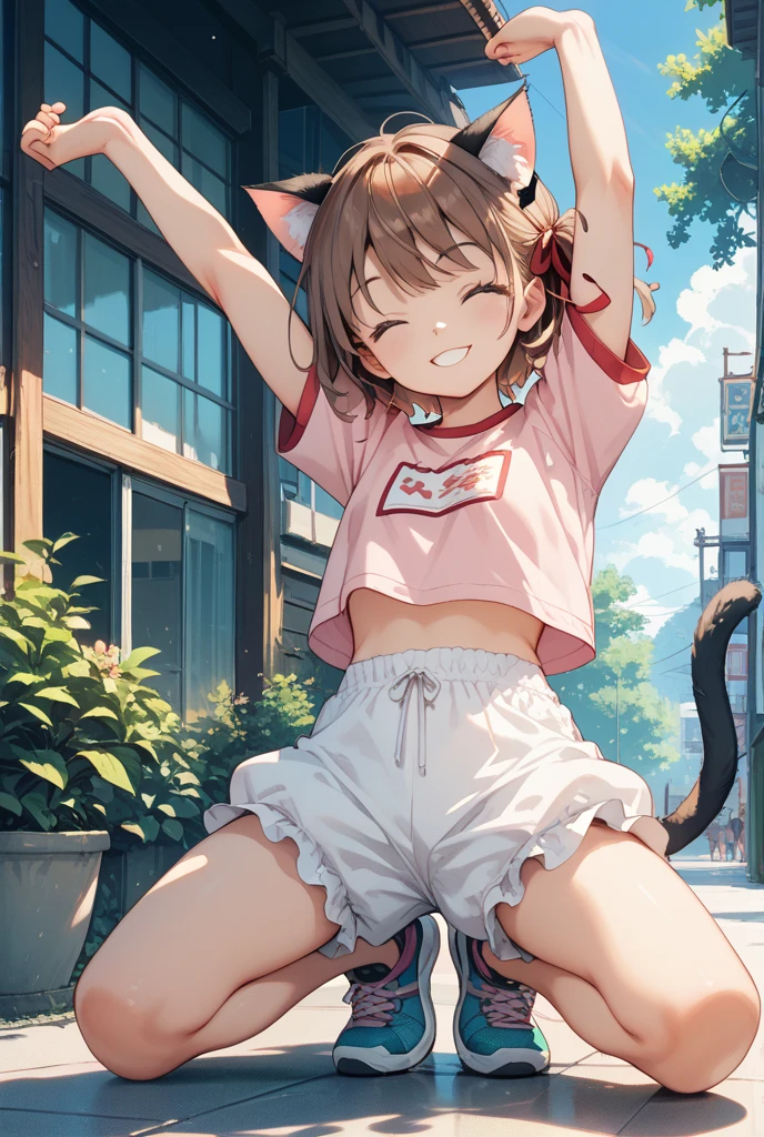 ((Masterpiece)), (Anime:1.3), ((best quality)), (RAW photo: 1.2), (High Definition:1.3), (Professional Photography:1.2), (hard lighting:1.5), (closeup face), Textured skin, cinematic lighting, (12 years old), 1girl, (Cute teenage beautiful Girl), ((best quality)), beautiful brown eyes, (Beautiful daiamond eyes:1.5), Cat ears, Pale brown hair, unruly hair, medium hair, innocent smile, Open mouth wide, ((pure white hoodie)), zipper, ((botanical pattern Boxer shorts)), Slender body, small breasts, sweaty, Beautiful small breasts, (Posing with Civility), Slum townscape,