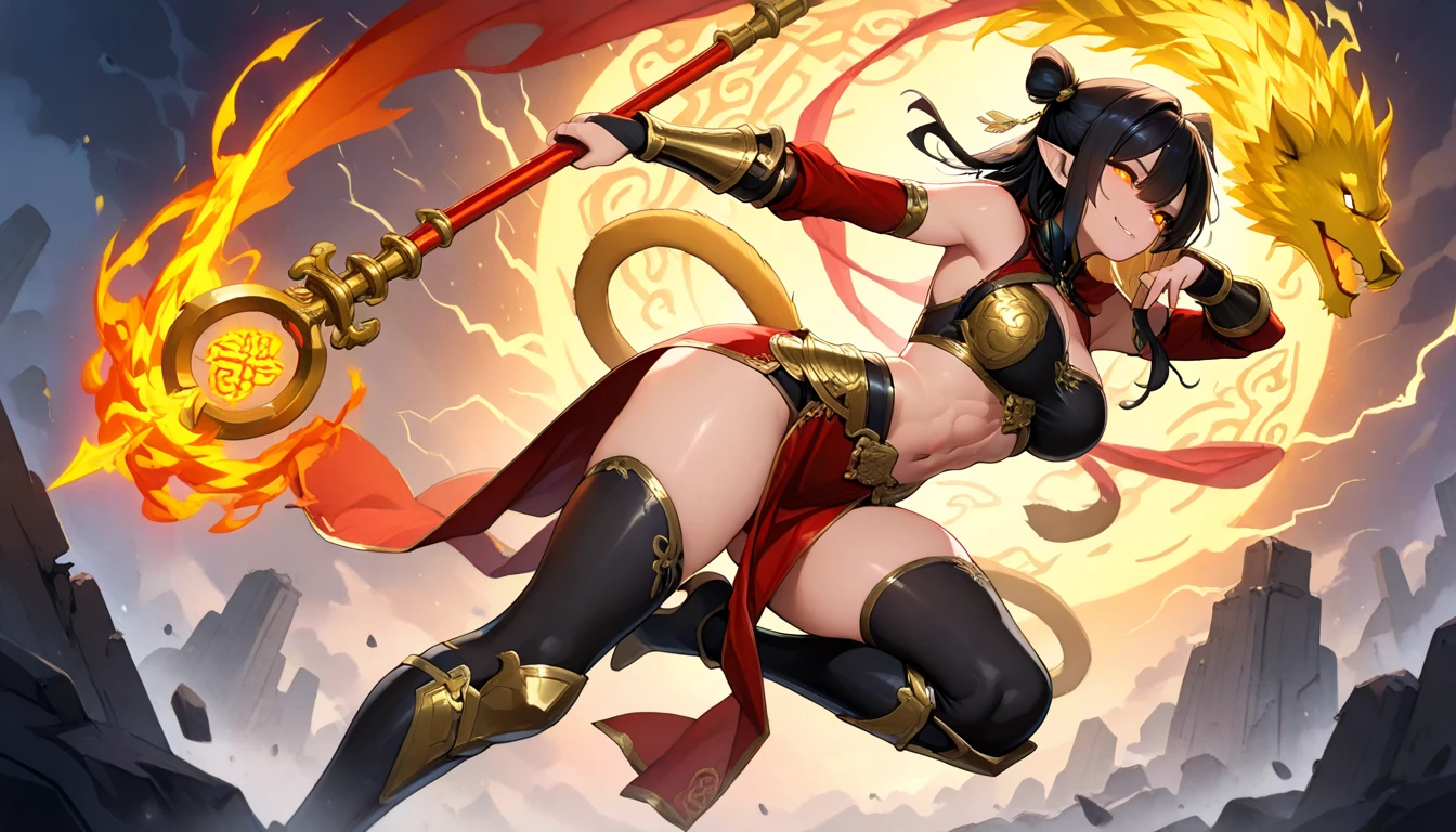 e7 ARavi, yellow eyes, red mark in forehead, black hair, (low twintails coming from under the ears) with yellow ribbons, small breasts, black small bull horns, (long red chinese tabard), black sorts, nothing under the tabard, naked under tabard, (masterpiece), best quality, highres, 4k, 8k, Detailed Illustration, intricate detail, cinematic lighting, amazing quality, 1girl, fit female, amazing shading, soft lighting, facing camera, perfect eyes,
