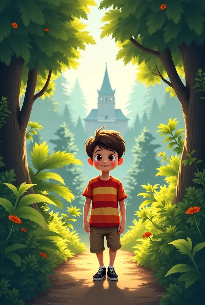 Create an image of a young boy named Alex, with short brown hair and wearing a red hoodie, standing at the edge of a lush, mysterious forest. He's pushing aside thick vines and branches, revealing a hidden path. The path leads to a magnificent garden with an intricately designed gate adorned with dragon motifs.