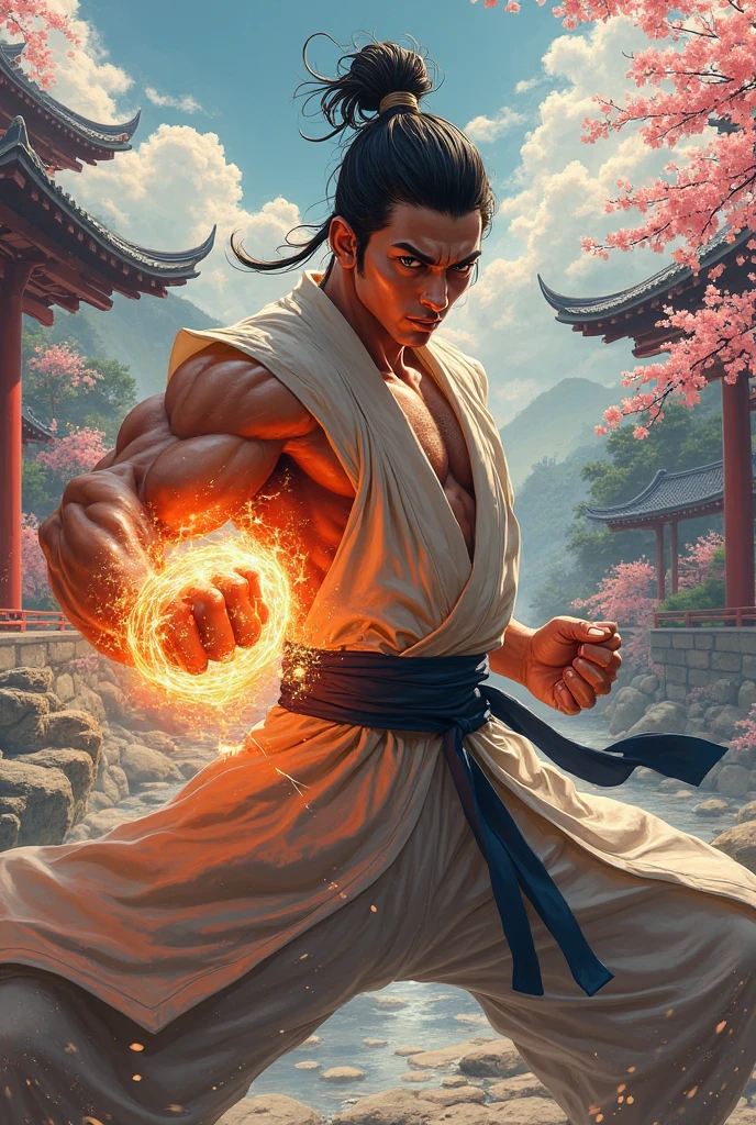 A samurai male ancient male king with red eyes and muscular body ancient attire, magical aura, emitting magic, flying in a magical fantasy world at night, lanterns.
