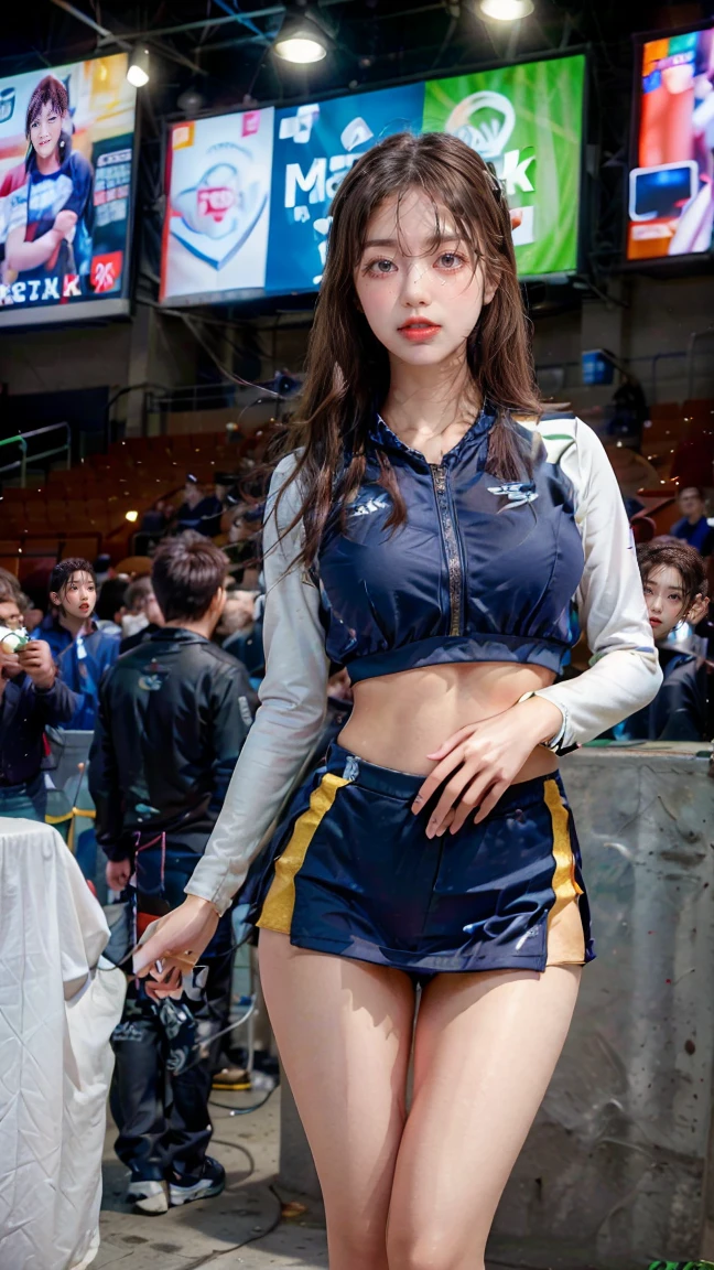 ((คุณภาพดีที่สุด)), ((ผลงานชิ้นเอก)), (รายละเอียด), ใบหน้าที่สมบูรณ์แบบmasterpiece , best quuality, 1 girl, delicate, masterpiece, beautiful detailed, colorful, finely detailed, detailed lips, intricate details, shiny skin, big breasts, Korean girl with long red hair and blue eyes Wear a green Adidas cropped long-sleeved hoodie. Black Nike tight pants white nike shoes Standing in a Nike store, full body