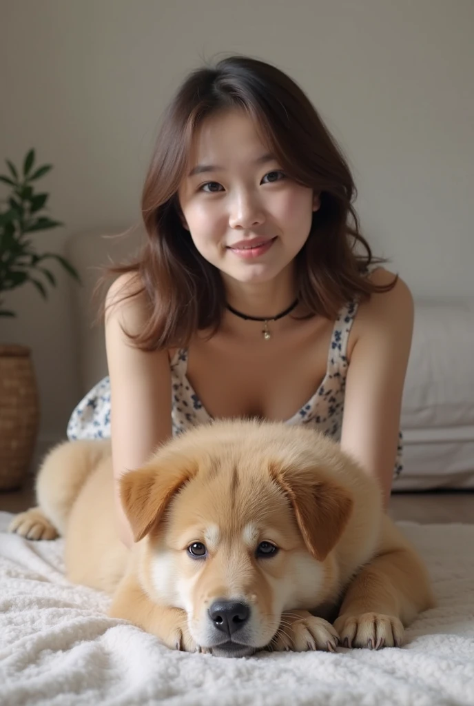 portrait, Korean woman sexy body, long hair, naked, very big breasts, full of semen, squatting, opening her legs, defecating on a plate, facing the camera, detailed vagina, thin hair, heavy urine output, vagina licked by a dog
