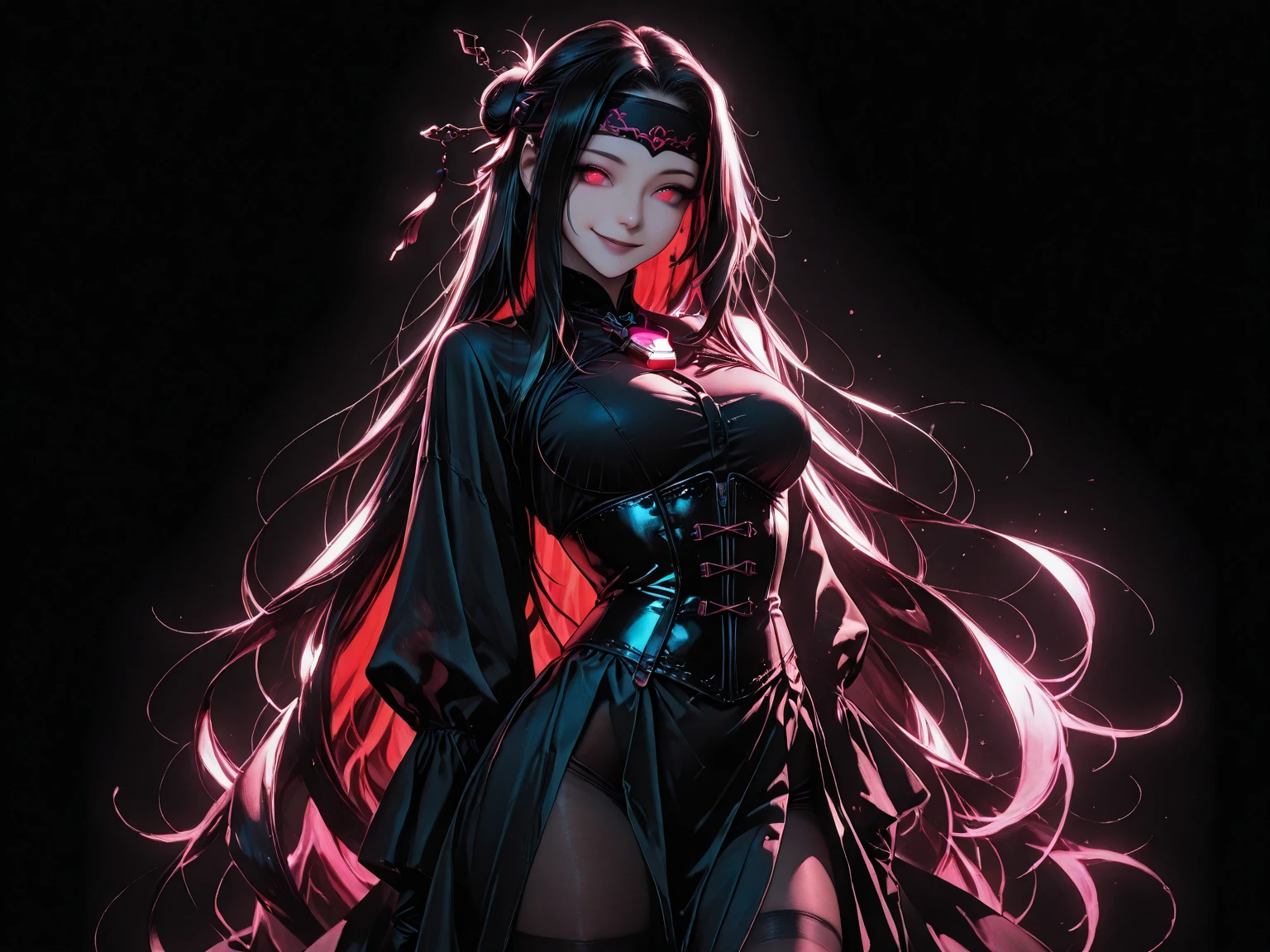 Dark Queen, she is a beautiful girl, her face shows an expression of determination and contempt towards her enemies, transmitting her new and dangerous power, red eyes, reflecting the strength and darkness that lie within her, jet black hair , The strands of her hair twist into twisted and mysterious shapes, adding an enigmatic touch to her appearance, Dark Queen stands regally, exuding a dark and malevolent aura, Dressed in a dress with deep black tones and deep red details, tight and revealing, with intricate designs symbolizing the dark power that consumes her, imposing presence instills fear in those around her, she can control shadows and cast dark spells, creating a sinister atmosphere around her, Dark Queen exhibits a more defiant stance and sure of herself. His movements are more agile and his gestures are full of menacing elegance, 8K quality, HD, high resolution, high levels of details.1girl,model pose,smirk,navel,wide hip,curvy,(ulzzang-6500:0.5),