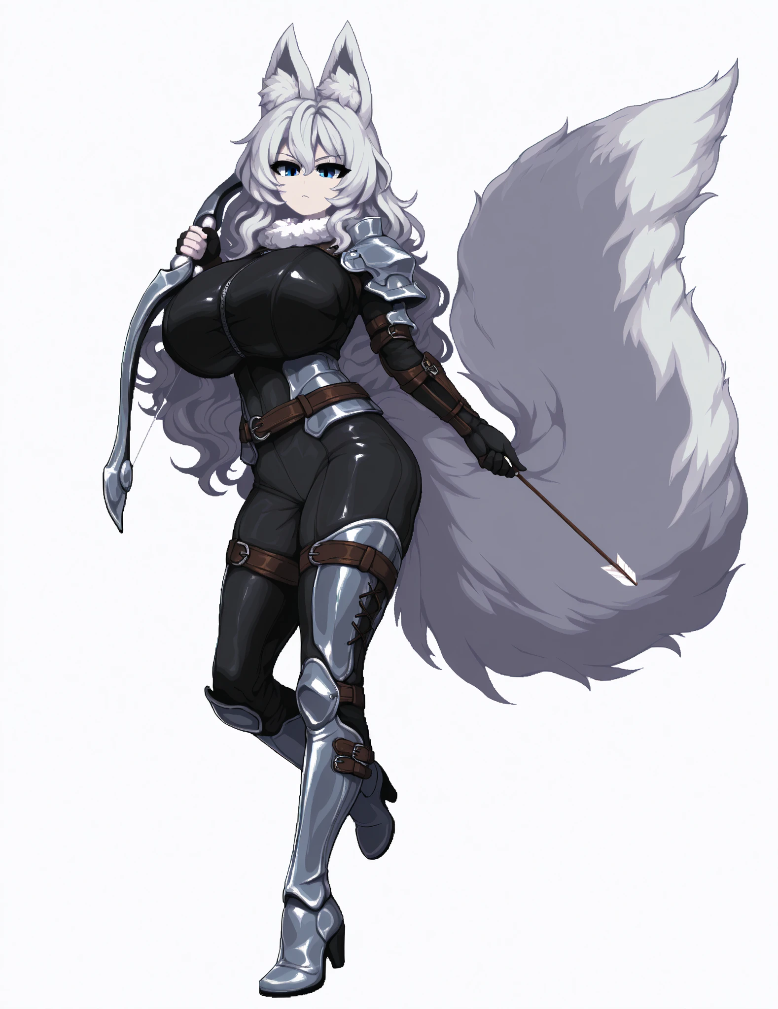 Beautiful silver-haired fox girl, large fluffy fox tail at hip level, fox ears, sharp blue eyes, wearing sleek black and silver armored bodysuit, fur-trimmed collar, belts and straps, thigh-high boots with metal plates, ornate wooden bow with carved details, holding arrow, confident strong pose, long wavy hair, pale skin, anime artstyle, crisp clean lineart, smooth soft shading, full body, centered composition, white background, highly detailed, dynamic stance, elegant and fierce expression, fantasy huntress aesthetic, huge breasts, gigantic thighs