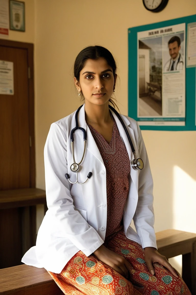 Indian, female, 25yo , waering a lab coat, stethoscope around neck, smart, nerdy looking,