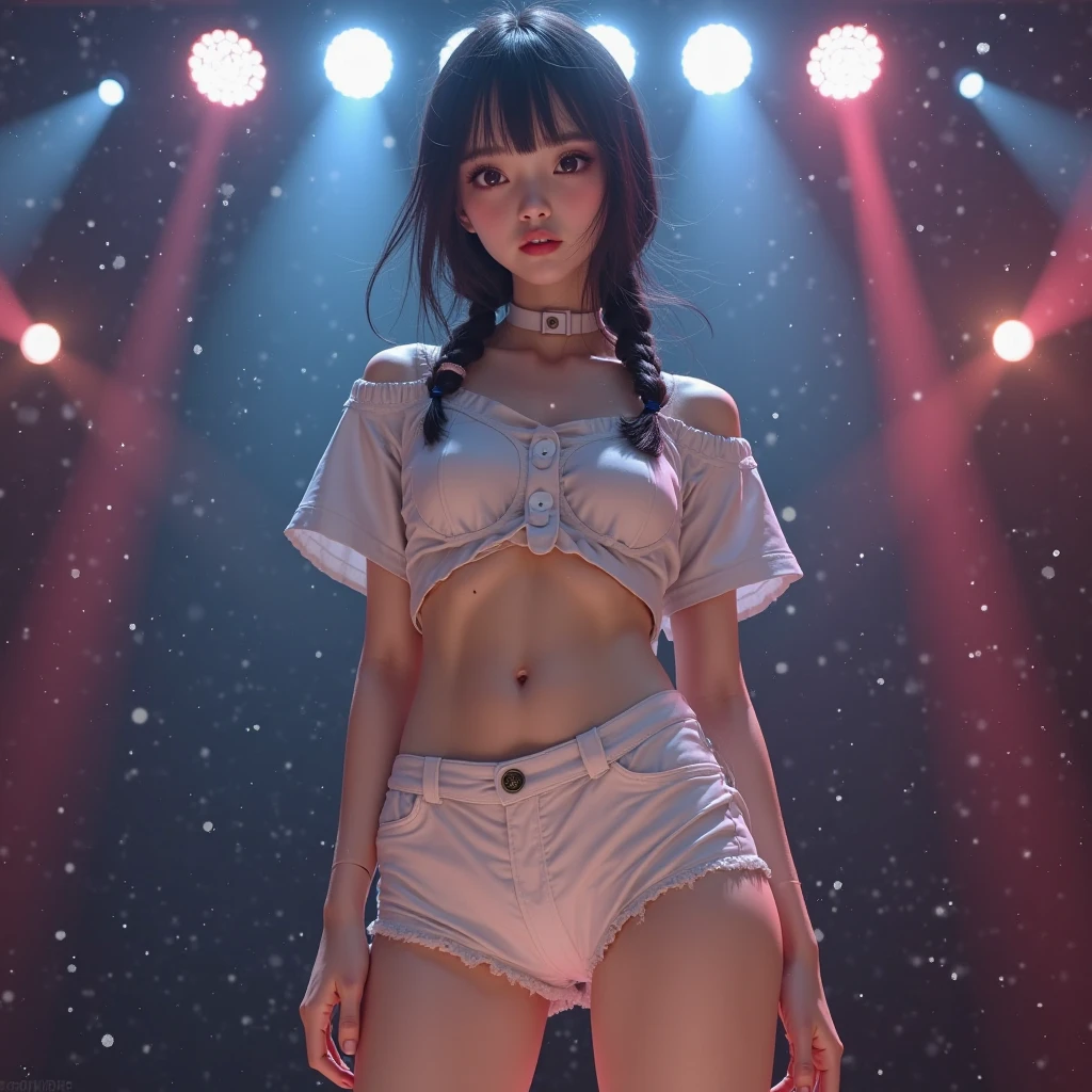 full body, nude body, (beautiful Korean female bodybuilder:.12) in her 30s, 4k, masterpiece, (highres, soft lighting), (absurdres:1.8), deep depth of field, sharp focus, alluring pose on stage, life like skin texture, muscular jaw, long hair with highlights, very round and (small breasts, pubic_hair:1.3), small glutes, Smirk, 70mm, remarkable use of texture form and natural colors, capturing the essence of reality without artificial manipulations, colors are subdued and muted, perfect shaped nipples