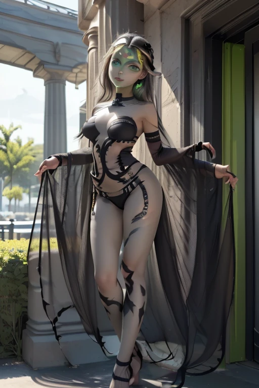 Beautiful elf Girl, medium black hair, waved hair, leaf leotard,long arms, long legs, cowboy shot, archer ,outdoor, new York,full body , view frontal,shock face,