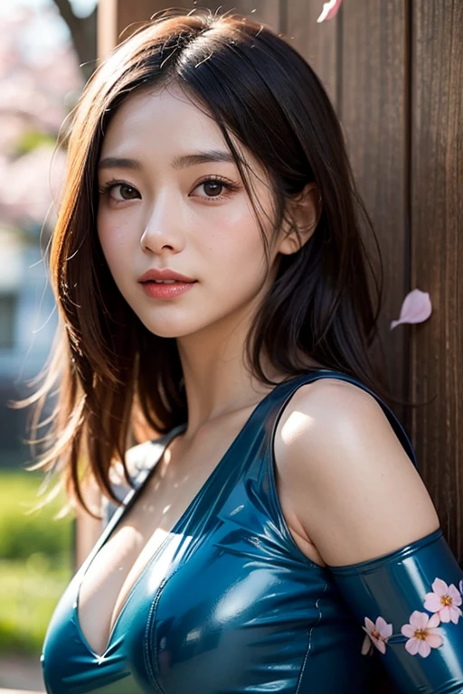 Photo studio、Silver leather blazer suit with rubber texture、Shiny green bra、Shiny blue silk shirt、Cleavage、(Large Breasts:1.4)、Japanese、Gravure idol、Cute 18 year old girl,Black hair in a ponytail, masterpiece, 最high quality, 超high quality, high quality, High resolution, 超High resolution, Absurd, 4K, 8k, 16K, Very detailed, Realistic, photo Realistic, RAWphotograph, photograph, Super Fine Illustration,Beautiful Face、Realistic Face、(Ultra detailed hair)、(Ultra-detailed eyes)、Beautiful details、Realistic Skin、Perfect Anatomy、(Detailed skin)、Beautiful Skin、Charm、Ultra high definition、Ultra-realistic、Correct Anatomy, Perfect proportions