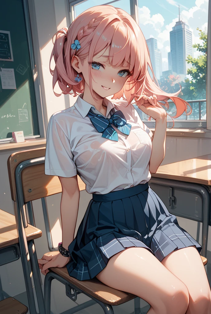Buns under both ears、Pink Hair、Pink Hair、Pull up your skirt、high school girl、Japanese 、classroom、Pull up your skirt、Showing panties、黒いShowing panties、Blushing、Pink Hair