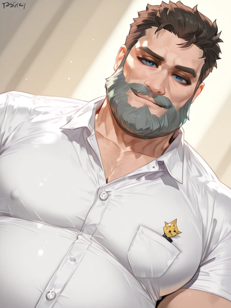Leon panzon, gray beard, gray mustache on the nose, DILF, seductive, looking at the viewer, SMILE, loose boxers with white and blue checks , White shirt, shirt with harness, (posing) masculine, Alone, Anthro, gordo, Large size, Thick, cell shading, in bed lying down, whole body, From above, con la mano izquierda agarrando un preservativo masculine, with right hand touching the package