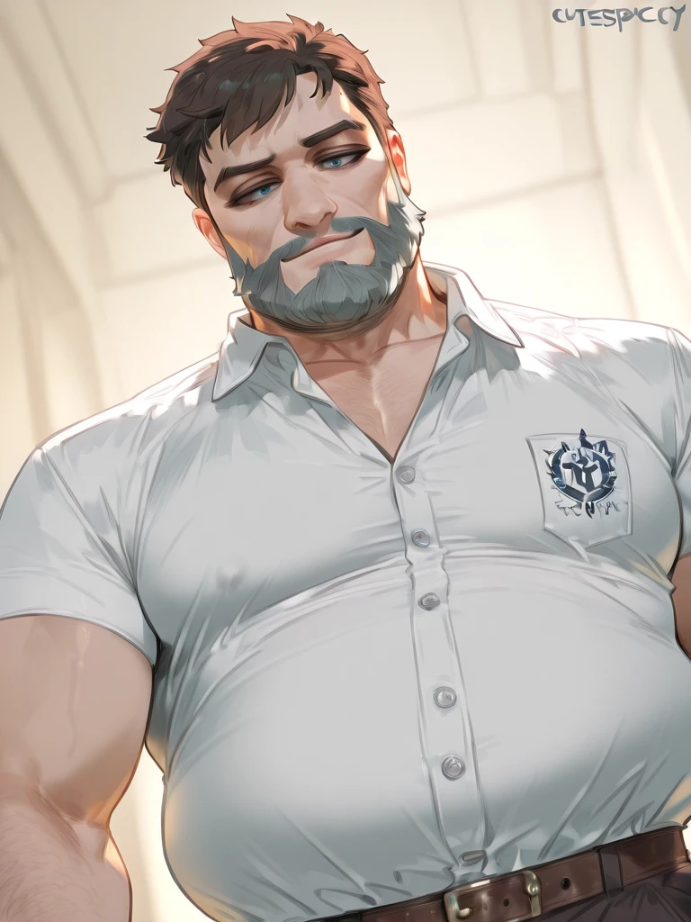 absurderes, hight resolution, 1male people, full body visible (Magazine covers:1.2), Yaoi(bara) , Stubble,clothes down, matured male, ruggedly handsome face, old face, beefy,thick dark eyebrow, thick eyebrows, Male Focus, designed beard、(wearing white thong), big bulging crotch, latex, police uniform, squatting with legs open, Detailed body,Ultra-detailed eyes,hyperdetailed face,(Gray hair:1.2),(All Back Hair:1.2)、(Very short hair:1.2),(hyper pecs:1.5),Open Claus,(Soft smile:1.2),Perfect ligthing,(flexing one arm proudly:1.2)