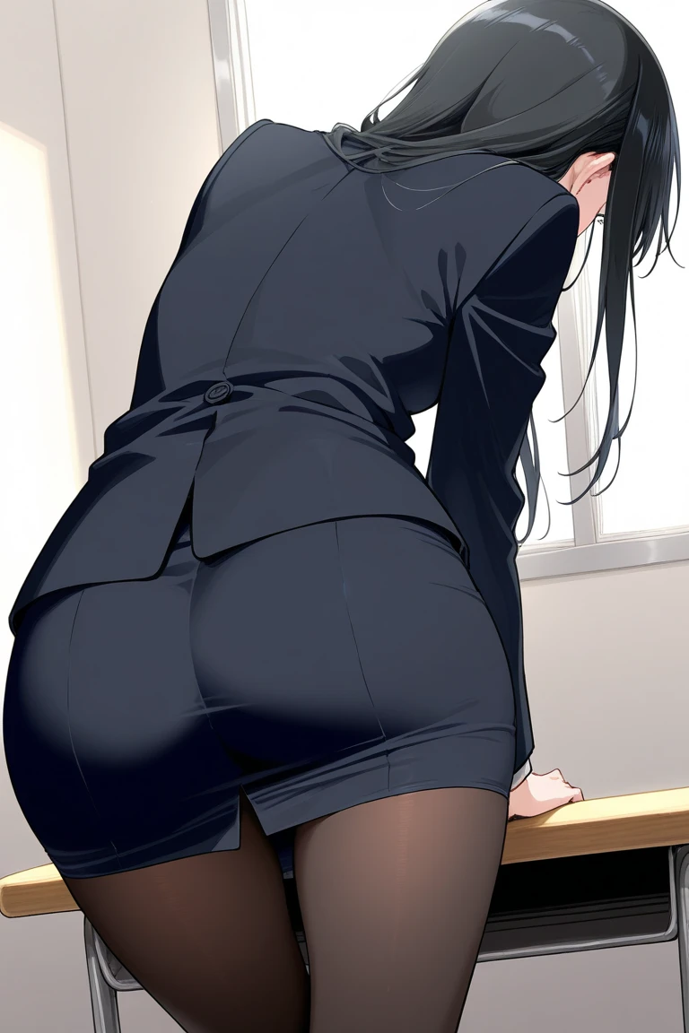 indoor,black skirt,From the back,from below,Thighs,Zoom on black pantyhose,blazer,Super high quality,masterpiece,super high quality,ultra high resolution,Highest image quality,superlative,highest quality,highest resolution,high quality,beautiful,beautiful,High quality,realな質感,real,8K,Fine-grained,