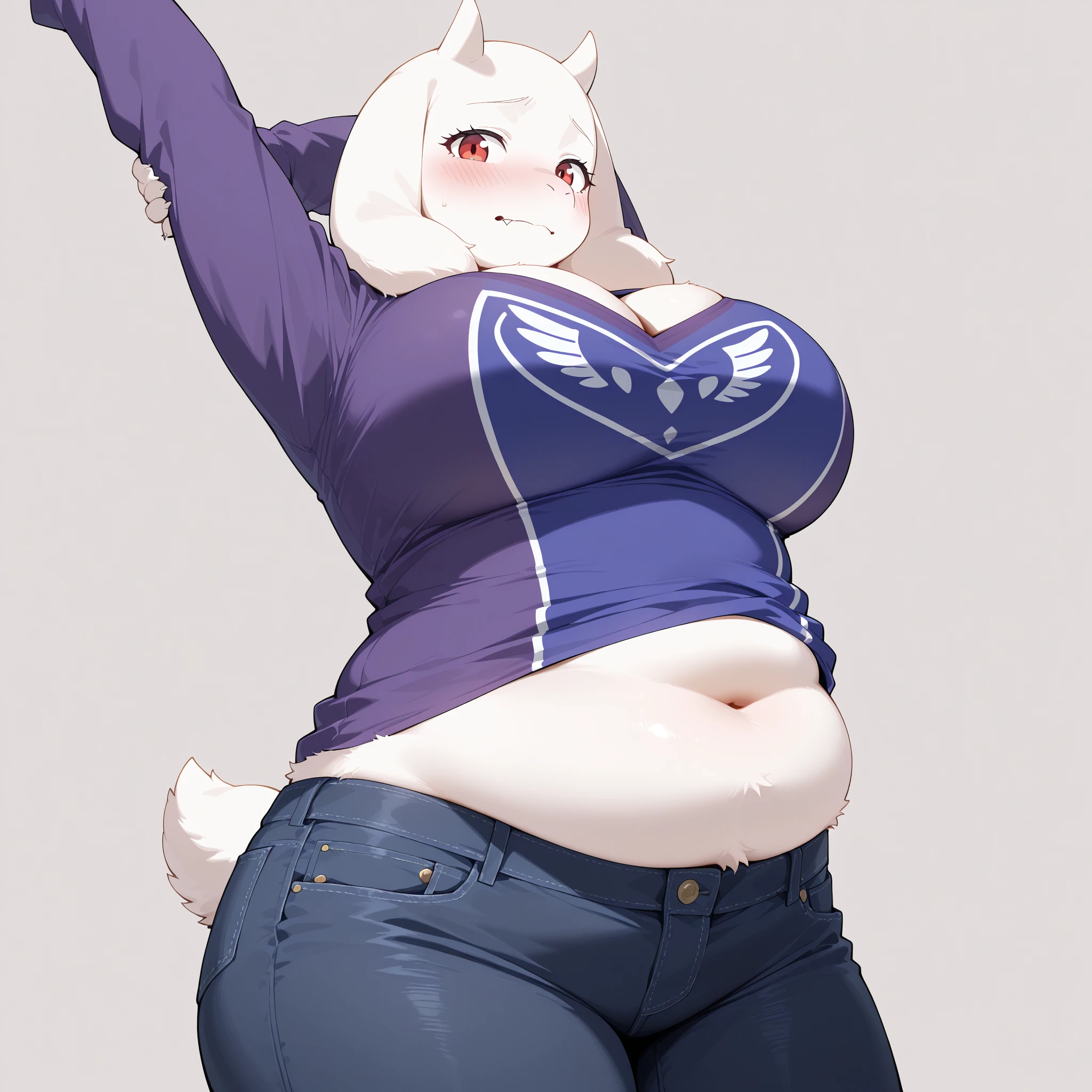 Therian, white skin, rainbow hair, pink eyes, massive tits, full body image, wearing a baggy tee shirt and sweatpants