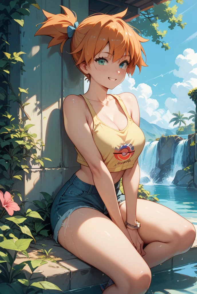 (best quality,4k,highres,masterpiece:1.2),ultra-detailed,(realistic,photorealistic,photo-realistic:1.37),HDR,UHD,studio lighting,extreme detail description,professional
A woman lying in a stream, detailed face and body,full body, misty, 1girl, breasts, looking_at_viewer, short_hair, closed_mouth, bangs, navel, hair_between_eyes, bare_shoulders, sitting, green_eyes, full_body, lying, sleeveless, midriff, orange_hair, side_ponytail, crop_top, looking_to_the_side, eyelashes, bare_legs, sleeveless_shirt, leaning_forward, arm_support, suspenders, tank_top, denim_shorts, yellow_shirt, hair_tie, green_shorts, suspender_shorts, yellow_tank_top, down blouse, body shape, small breast, chubby thighs, thick thighs, open mouth,beautiful eyes, her body completely soaked wet, her expression reflecting pain and sadness, she tries to cover her intimate parts