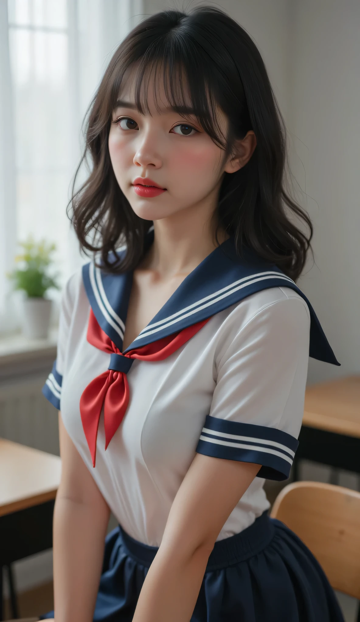 Beautiful black-haired girl with brown eyes, shoulder length hair, Nice big breasts, beautiful face, type makeup angelic and tender look, perfect makeup, lips painted red, She is wearing a sensual schoolgirl uniform, is sitting on top of the desk with a daring pose, photo shoot , Full body photograph