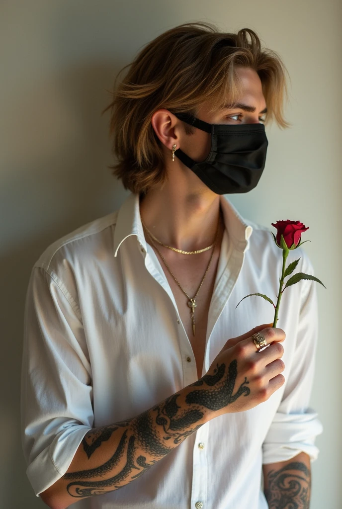 best quality,masterpiece,Ultra high detail,A handsome muscular man,Short black hair,topless,(Flowers on the shoulder), With flowers in his black micro thong, flowers covered around his head, eyes are closed, covered, eyes are blindfolded with black cloth, realistic,Grey background,Yellow and white flowers,