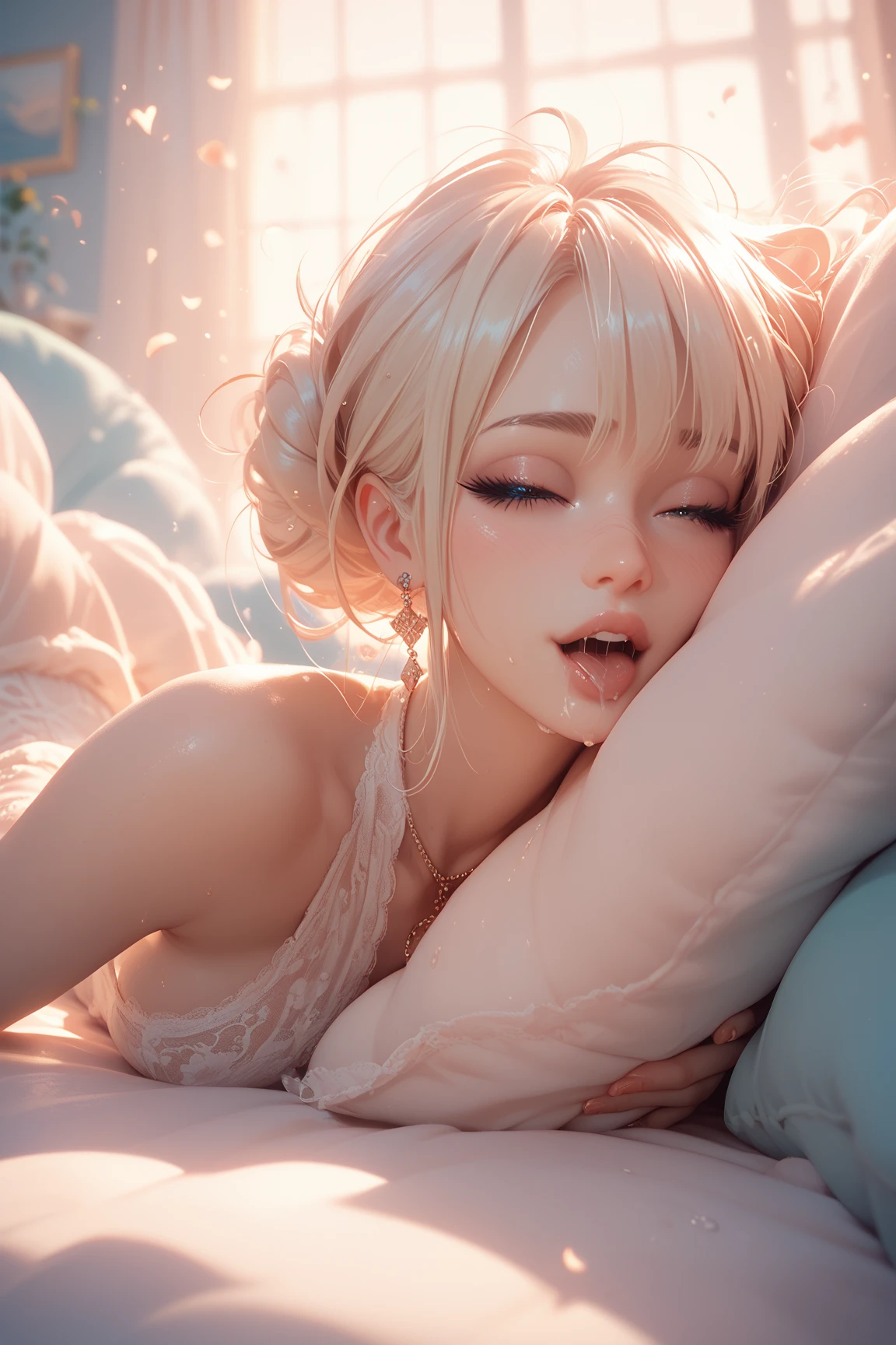 naked anime girl with white hair and white sticky sauce on her face and mouth and on her tongue lying in bed