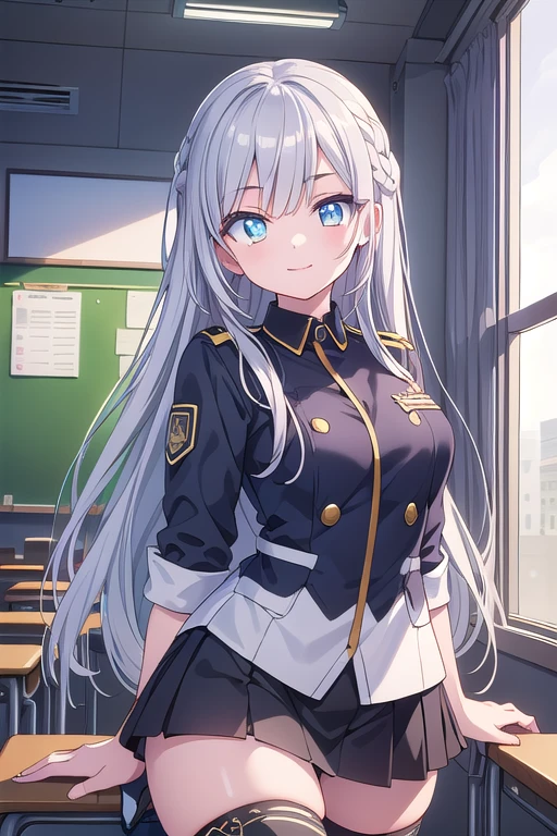 big tits, 1girl, at school, crowd people background, silver hair, blue eyes, emotionless, detailed face, view at camera, cleavage, school unifom, upperbody