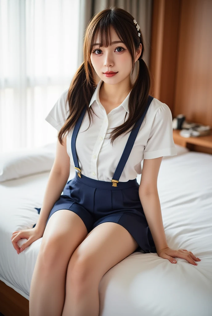 ((highest quality, 32k)), ((masterpiece)), (Familiar), Perfect Face, School Girl, pretty girl, On the bed, Has a tail, She has a red fox tail., She stands up her fluffy tail, Beautiful hip line, Small breasts, She is wearing a cute uniform, A large tail sticks out, Climbing on all fours, Slender body, She looks shyly at her tail, Her tail pushes up her skirt to reveal her white panties, A red fox tail protrudes from the hem of her skirt., Embarrassed face
