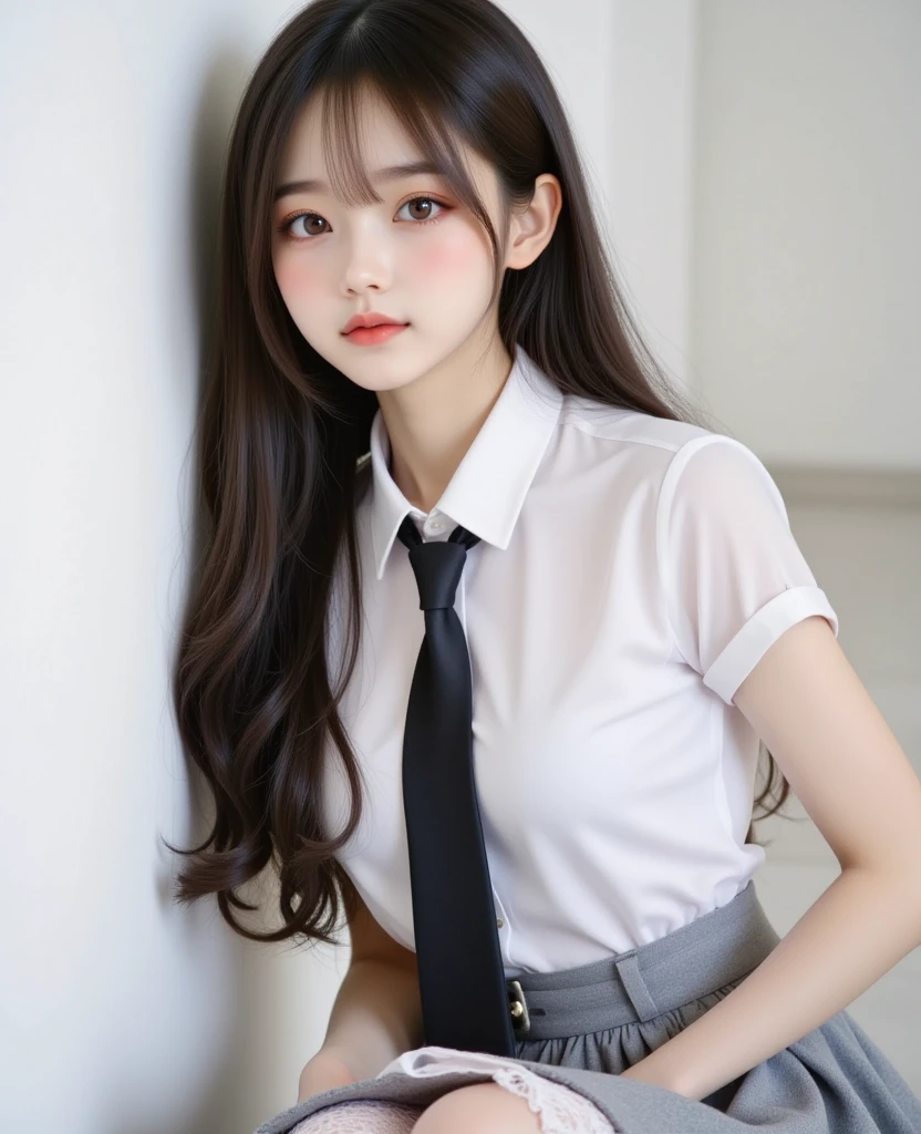best quality, full body portrait, delicate face, pretty face, big eyes: 1.1, cosmetic: 1.2, 25 year old female, Slim, small bust, OL uniform, Female white-collar uniform, office, Black, External, Everlasting, long hair, exposed, exposed, exposed
