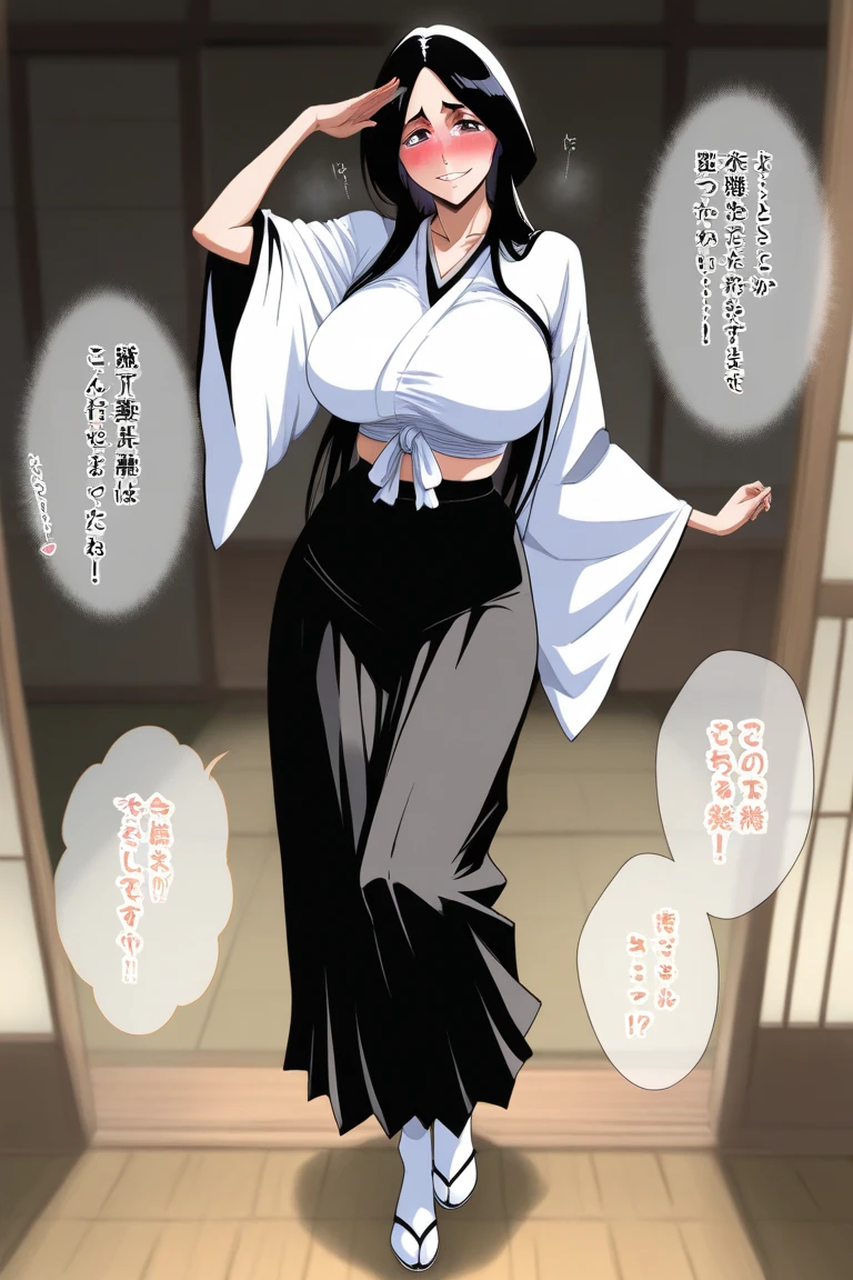 A woman with very long (black hair:1.5), wearing a floral-pattern kimono, stands in a (monochrome:1.25) setting. The artwork is inspired by manga and incorporates a doujin style. The woman appears to be (wetting herself:1.5), which causes her to feel embarrassed and humiliated, resulting in a blush on her face. In addition, there is an air of anger in her expression. The lighting in the scene is moody, with a spotlight highlighting the woman's figure. She is crossing her arms, (arms crossed:1.5), fully showcasing her kimono., medium breasts, full kimono
