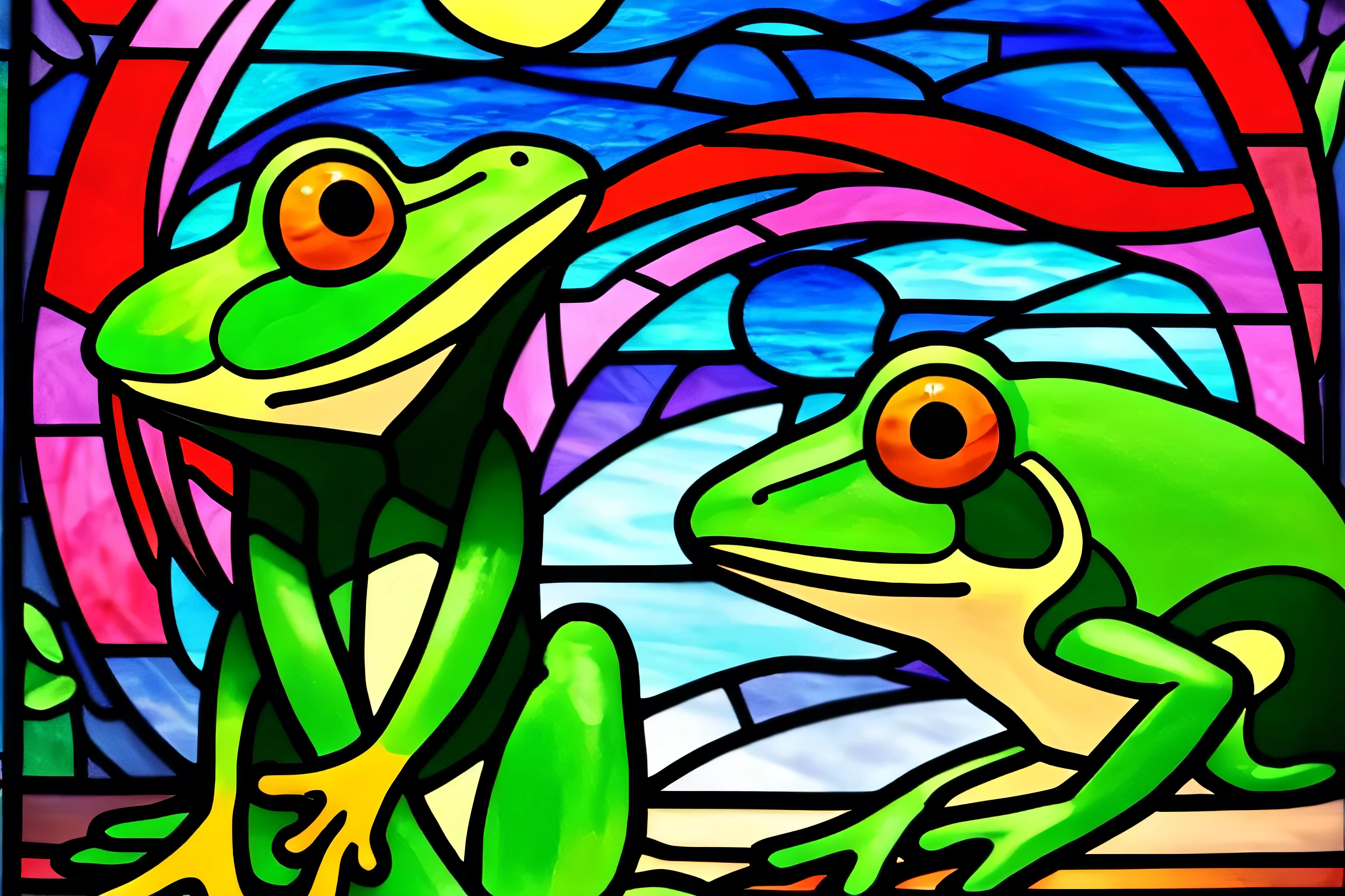 a close up of a ステンドグラス window with a frog on it, stained glass style,no picture, image, maxim verehin stained glass, stained glass,like stained glass!!, like stained glass, stained glass window, psychedelic frog, frog, glowing stained glass backdrop, 非常に詳細なヒキガエル, green stained glass, intricate stained glass,not picture, image, イラスト,ステンドグラス風, パスカル・プランシェにインスピレーションを得た,frog themed