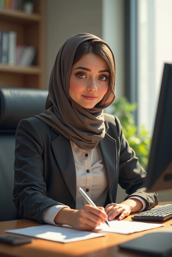(photorealism:1.2), A young beautiful melanine Muslim woman, a business executive, wearing a headscarf, sitting at her desk, With her name 'Salamatou' written on a decorative board behind her.