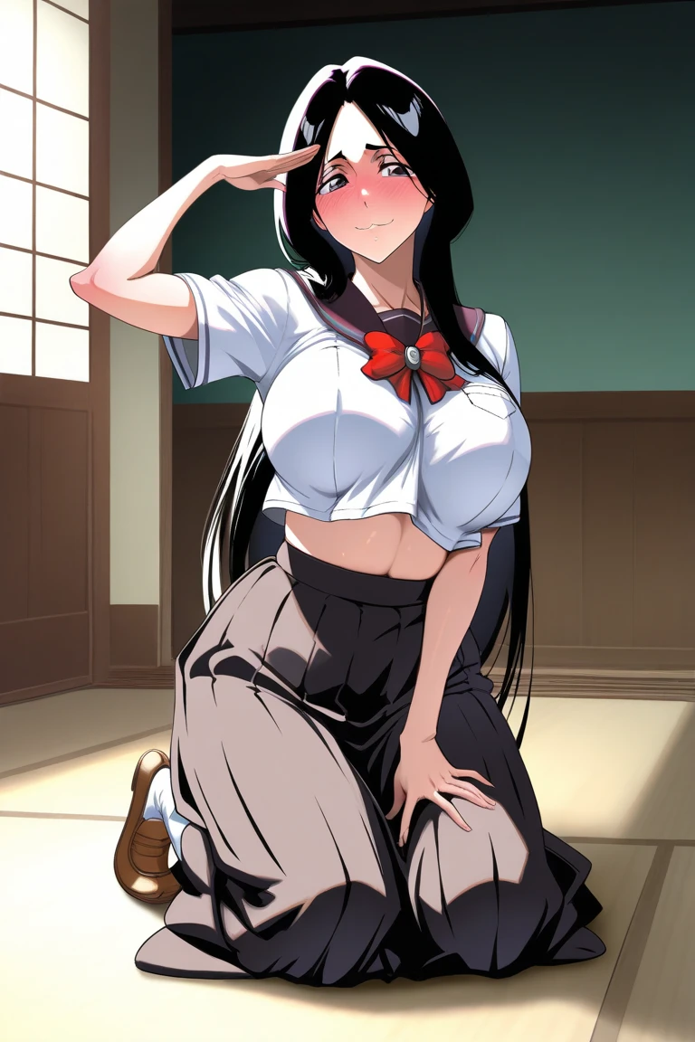 1 female，Very large breasts，Female Soldiers，White sailor suit，Exposure，Sexy bulge，，Flushed face，Stand up，nude，Exposing breasts，A bit big，Large bust，Cleavage，full-body shot，No，Protruding genitals，camel toe，8k,Legs open，long flowing black hair，hair is very long，