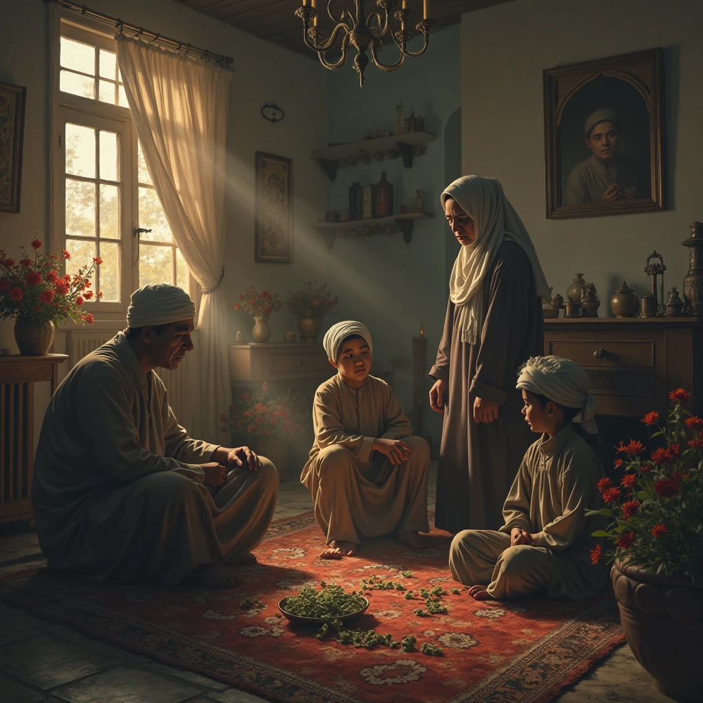 In the courtyard of the house, the Islamic religion father, his children, the grandmother, and a  playing with the grandmother’s dress and scattering her toys on the floor. It would be a very beautiful picture. These are gathered in a beautiful courtyard, and the view is wonderful. In this view, everything is green. Everything is green and blue. The sky is blue. In the distance, some mountains, lush trees, gardens, and houses can be seen.