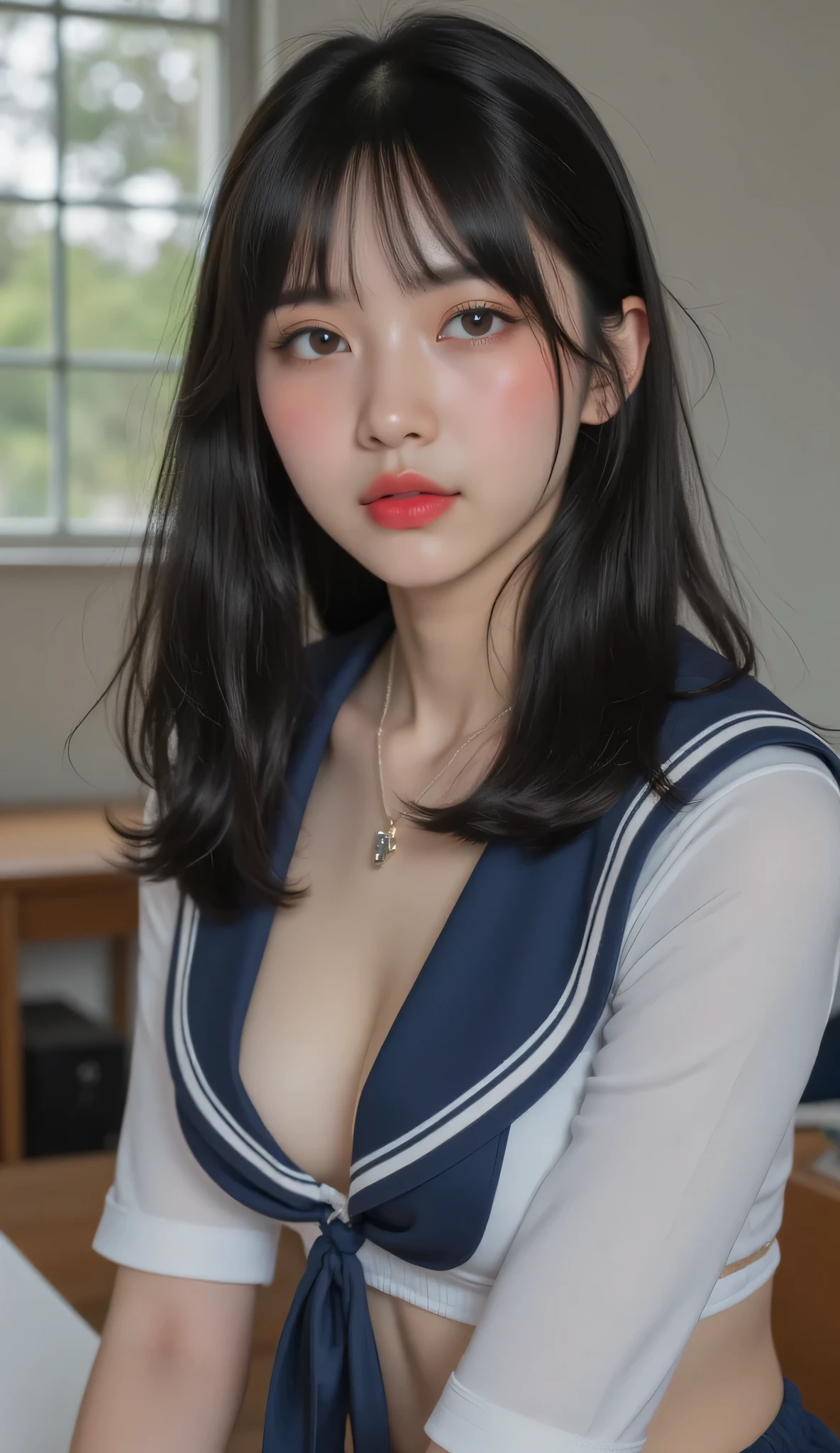 Highest quality、Ultra-high resolution、(Realistic)、18-year-old girl、((((school uniform open))))、((((I can see her nipples)))),Hyper Detail、Super Realistic、(Realistic)、More about beautiful skin、(masterpiece:1.0)、(Highest quality)、(Ultra-high resolution)、8K resolution、Canon EOS R5、135mm、Absurd、Very detailed、Sharp focus、Fine skin、(((Chirarizum、Small breasts)))