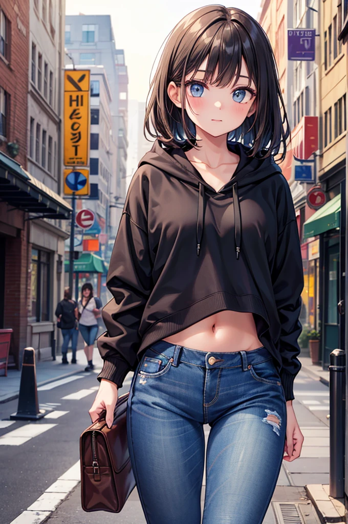 (((perfect anatomy,realistic:1.4,RAW Photography:1.4,masterpiece、highest quality、Ultra - High resolution、High resolution、Highly detailed CG、8K))),cowboy shot,1 female,solo,18 year old beauty,Japanese,((beautiful detailed face and eyes:1.3,big gorgeous eyes:1.3,gray eyes)),black hair,short bob hair,blunt bangs,tears,blush,crying,(medium breasts,slender body,small head:1.3,skinny),(gleaming skin,shiny skin,sweat:1.4),(Wet crotch)、((Love juice:1.7)),(black oversized hoodie sweat shirt,denim micro shorts、Bare legs),kneeling,spread legs:1.5,on street,Tokyo、
