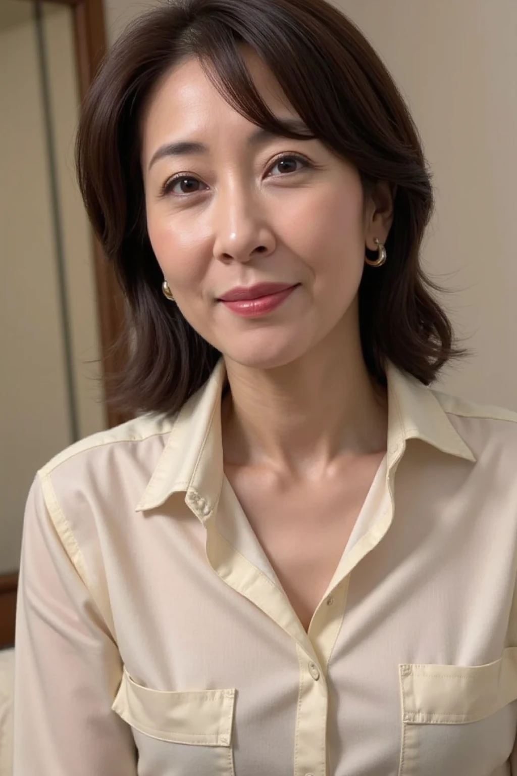 High resolution, High resolution, Attention to detail, masterpiece,(Middle-aged person), Anatomically correct, sharp, ((Japanese Mature)),(80 years old:1.3),(Facial wrinkles), Shapely breasts,Fair skin, Light brown hair,(Semi-long hair), bangs,(((Stand upright, facing the center))),Look at the photographer, Open your mouth and stare straight ahead,(White blouse:1.4),(Tight Skirt:1.3),(Sitting),(Thighs:1.1),Inside the warehouse,(Serious expression),(old woman:1.3),Mature Porn Star