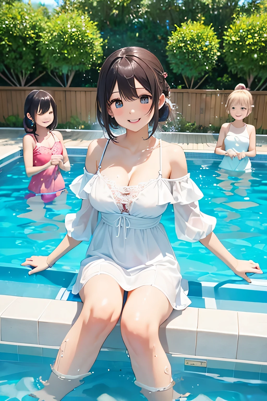 ((Highest quality)), ((masterpiece)), (detailed),Perfect Face,Strong light from the front,With front light,Sisters bathing naked in a spring,