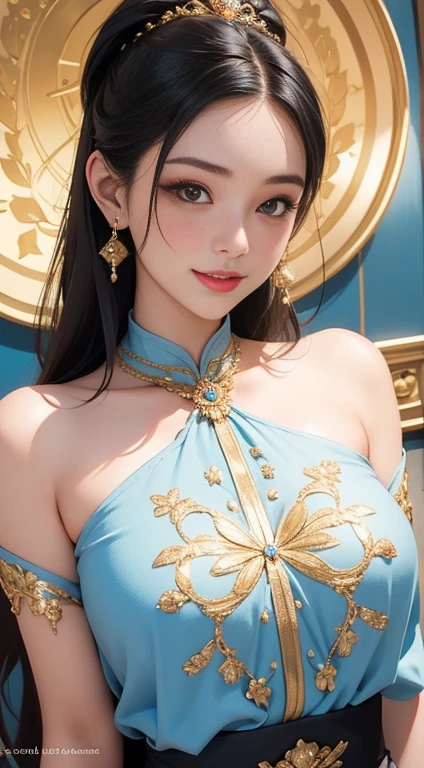 (masterpiece、highest quality、highest quality、official art、beautiful and aesthetic:1.2)、(1 girl)、extreme details、colorful、best details、official art、unity 8k wallpaper、Super detailed、beautiful and aesthetic、big 、smile、masterpiece、highest quality、(zentangle、mandala、tangle、Entanglement)、holy light、gold foil、gold foilアート、Glitter painting、Blue costume、Perfect NwsjMajmagic、in the palace