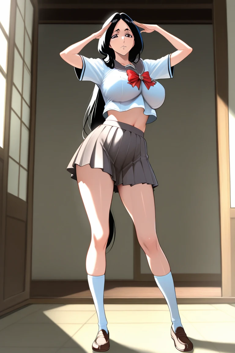 Tan Tien Lifang, rikka takarada, Black hair, Blue eyes, Long hair, orange scrunchie, Scrunchie, wrist scrunchie,Blake Black Footwear, Black skirt, Bow, bowtie, buttoning, Cardigan, Collared shirt, Long sleeves, micro skirt, Pleated skirt, Red bow, red bowtie, School uniform, Shirt, Skirt, thighs thighs thighs thighs, White cardigan, White shirt,,looking at the viewers, BREAK (masutepiece:1.2), Best Quality, High resolution, Unity 8k壁纸, (Illustration:0.8), (Beautiful detailed eyes:1.6), extra detailed face, Perfect Lighting, extremely details CG, (Perfect hands, Perfect Anatomy), huge long breasts, Naughty big、Big breasts emphasis,(skirt rift:1.3),(white panties:1.3),(Fully exposed panties:1.5),is standing