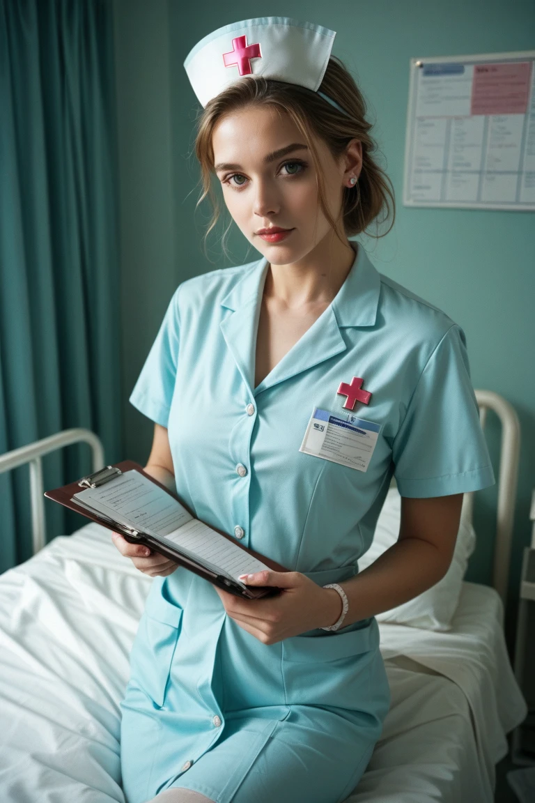 (medium full shot) of (sexy nurse) young woman, petite build, long red hair, chinese, fair skin, brown eyes, wearing a nurse cap, polo shirt with nursing emblem, straight-leg scrub pants, comfortable loafers, carrying a clipboard latex gloves, set in  Resuscitation Bay, Spacious area with specialized medical equipment, overhead lighting designed for surgical procedures, crash carts stocked with emergency medications, a defibrillator mounted on the wall, a central suction system for clearing airways , at sunset, woman smiling, detailed face, ,Masterpiece,best quality, raw photo, realistic, very aesthetic