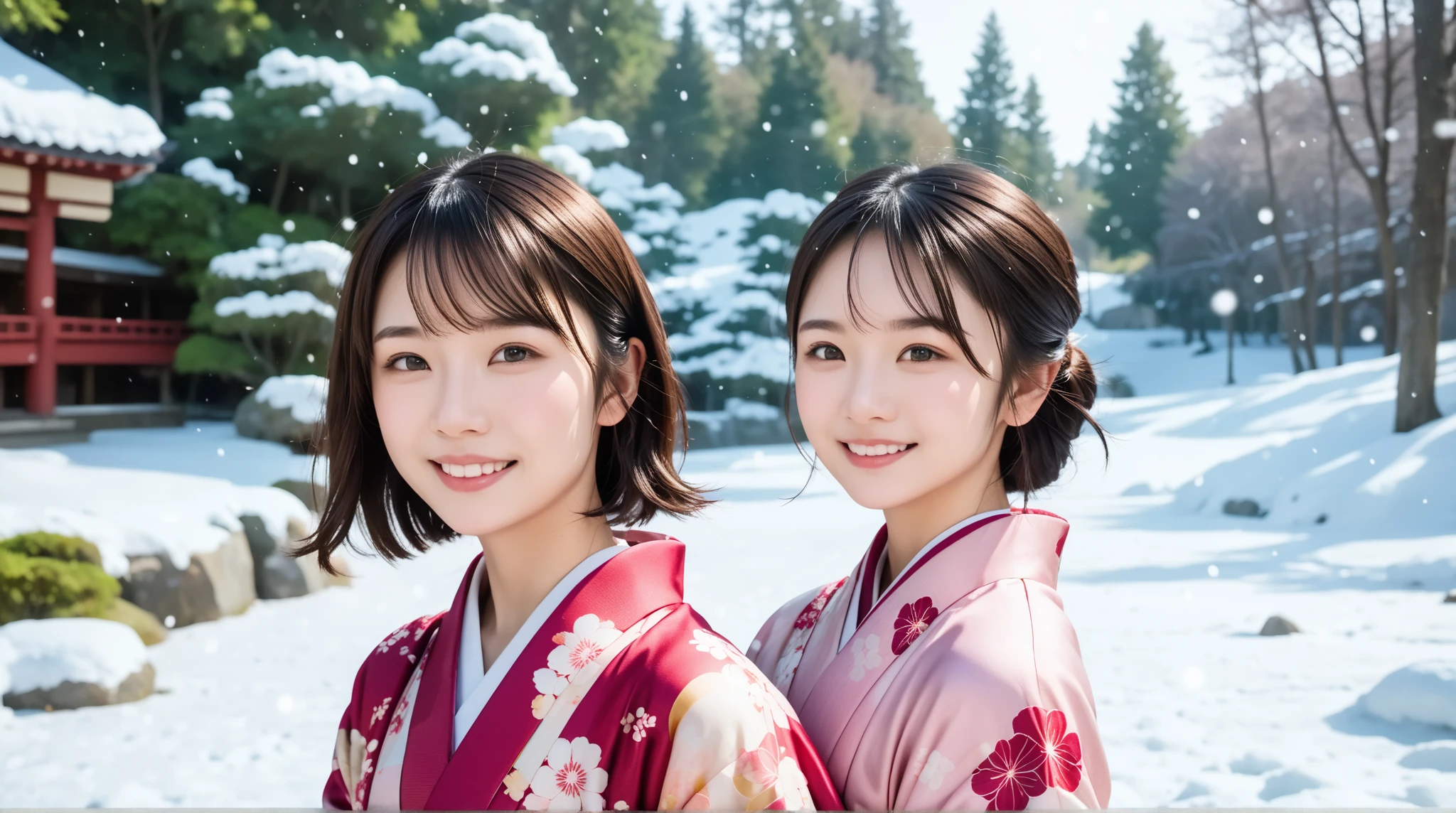 <lora:school_yearbook_photos:1>, school yearbook photos, background, portrait, 2girls, black hair, blue eyes, brown eyes, brown hair, furisode, hair ornament, japanese clothes, kimono, lantern, multiple girls, new year, short hair, smile, snow, tree