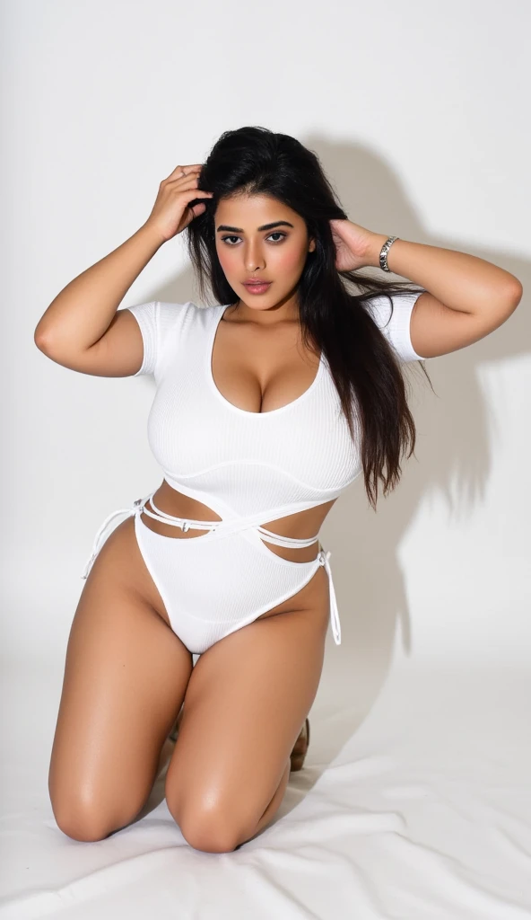A girl, semi-human, she has feline features, black cat, black eyes, white skin, cat ears, cat tail, black curly hair, latin america, latin woman, extremely gigantic breasts, extremely gigantic ass, extremely large body, extremely thin waist, flat stomach, breasts and ass disproportionate to her body, hot, she's wearing a very small thong bikini, flushed cheeks, collar around her neck.