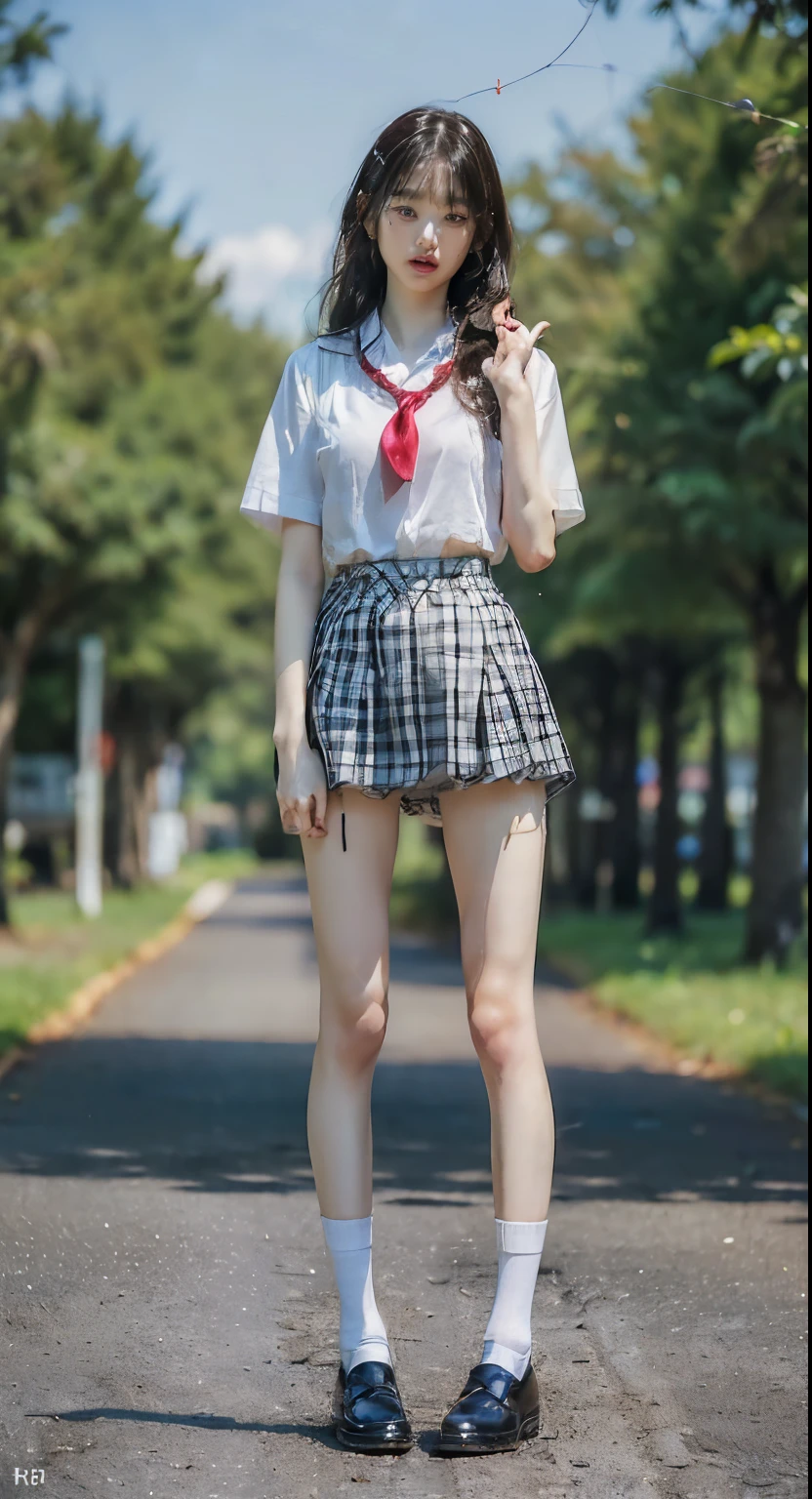 (8k、RAW Photo、Highest Quality、masterpiece:1.4)、(realistic、realistic:1.3)、(((full body shot:1.7)))、((Extremely long legs:1.3))、((Extremely thin legs:1.5))、Extremely Slim Model Body、((realistically reproduce the texture of the skin:1.7))、1 girl on break day、((Extremely short white socks:1.4))、(((black plaid micro miniskirt、high school uniform、high school uniform用半そでシャツ、loafers、 long black hair、 outdoor parks 、view from the front、Look at the camera、stand with your hands on your hips:1.tand with your legs straight and legs aligned with your crotch at least half your height))、((Red uniform tie:1.2))、cute、Tight Waist、thin ankles、cute、Beautiful Girl、(((175 cm tall and 40 kg body weight:1.5)))、((bright amount of light for a movie shoot:1.2))、A bright garden in the early afternoon、((erect nipples can be clearly seen through every detail:1.3))、20歳のBeautiful Girl、((Extreme exhibitionism))、I can see the panties in a glimpse with a skirt that is too short、((mini skirt flips up a lot due to strong wind so you can see small white string panties:1.3))、((realistically reproduce the texture of the skin:1.3))、((thin thighs:1.3))、beautiful park with flowers in the background:1.2、mini skirt rolls up big due to strong wind:1.hort small white string panties、dirty white string panties