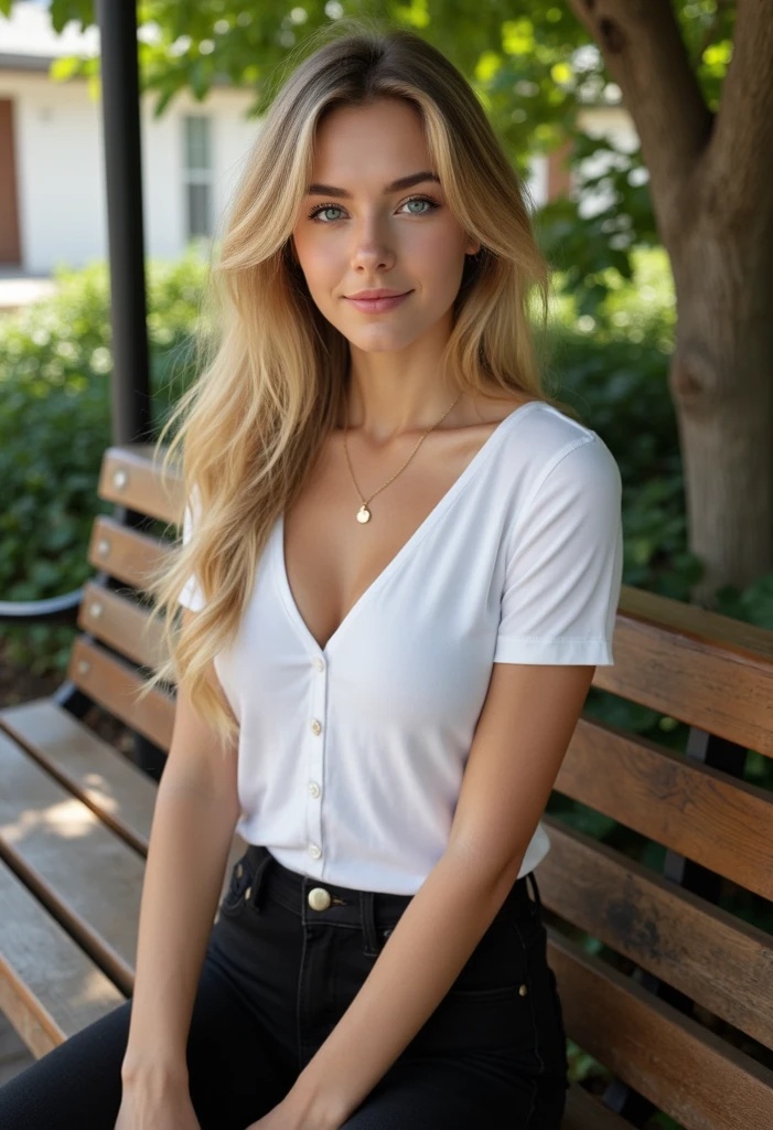 1 Italian girl, solo, 19 years old, looking_at_viewer, realistic, upper body, smile, parted lips, detailed facial expression, Italian cafe, outdoor seating, sunny, green screen background, long hair , blonde hair, wavy hair, blue eyes, b_cup_breasts, lips, glossy lips, natural makeup , vivid, warm and vibrant colors, harmonious color blends, soft and diffused light, the meticulously drawn details, realistic textures, sitting, white clothes, short-sleeved shirt, linen pants, coffee table, milk tea cup, 16:9 ratio