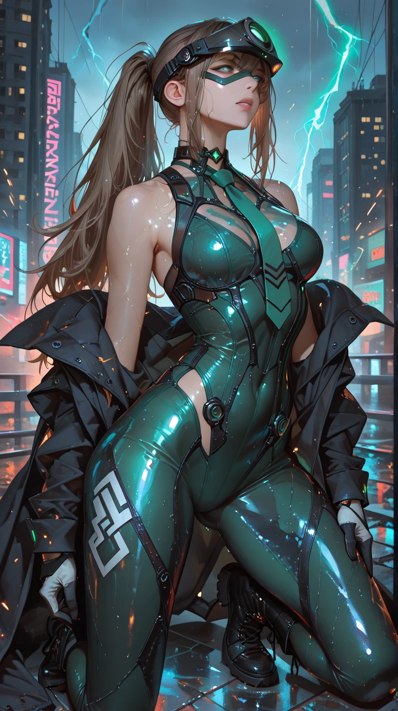 masterpiece, highest quality, (solo focus), (perfect face:1.1), (full body), (high detail:1.1), (hyper-detailed eyes), dramatic, a woman with pale skin and voluminous dark green-black hair, green eyes, solo, two-toned hair, arrogant expression, cybernetic outfit, cyberpunk, art by artgerm, cinematic lighting, fashion, BalenciagaStyle