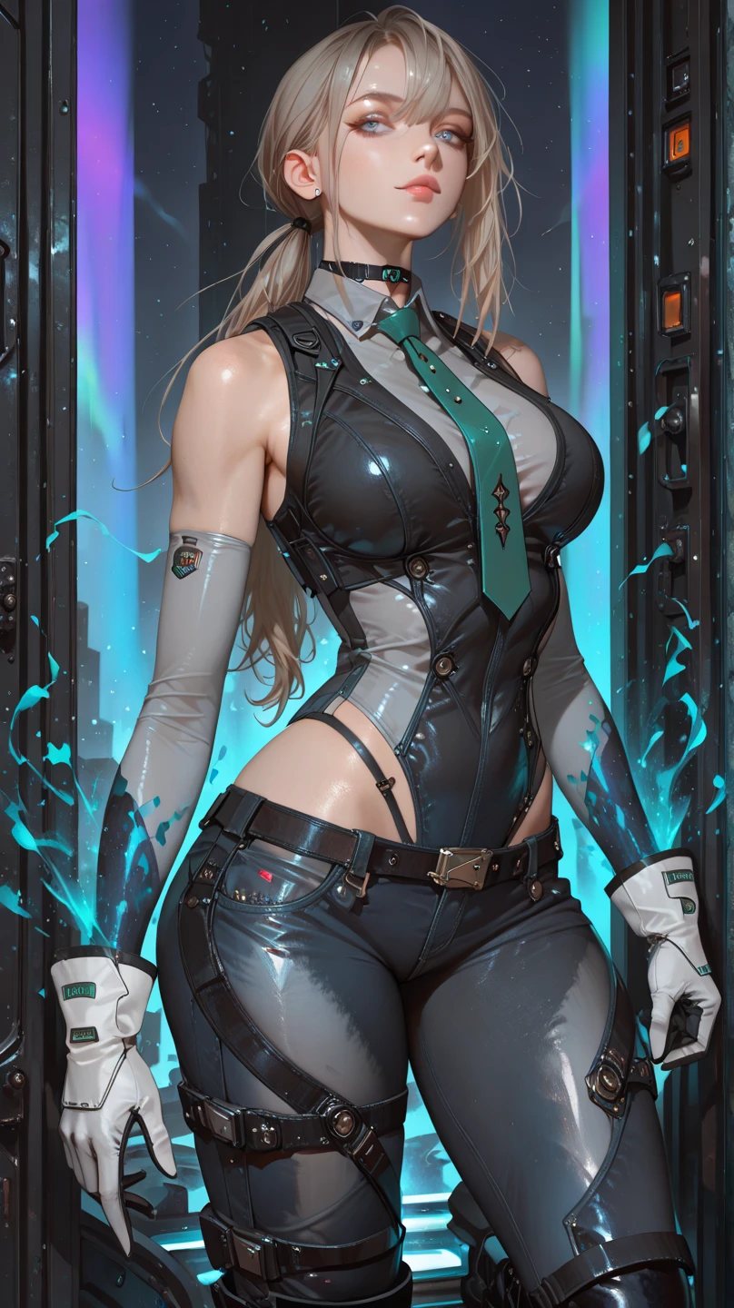(An ultra-detailed CG illustration with high-quality and dynamic angles: 1 nun is featured wearing a desirable techwear jacket, revealing a line of sexy, futuristic clothing.)